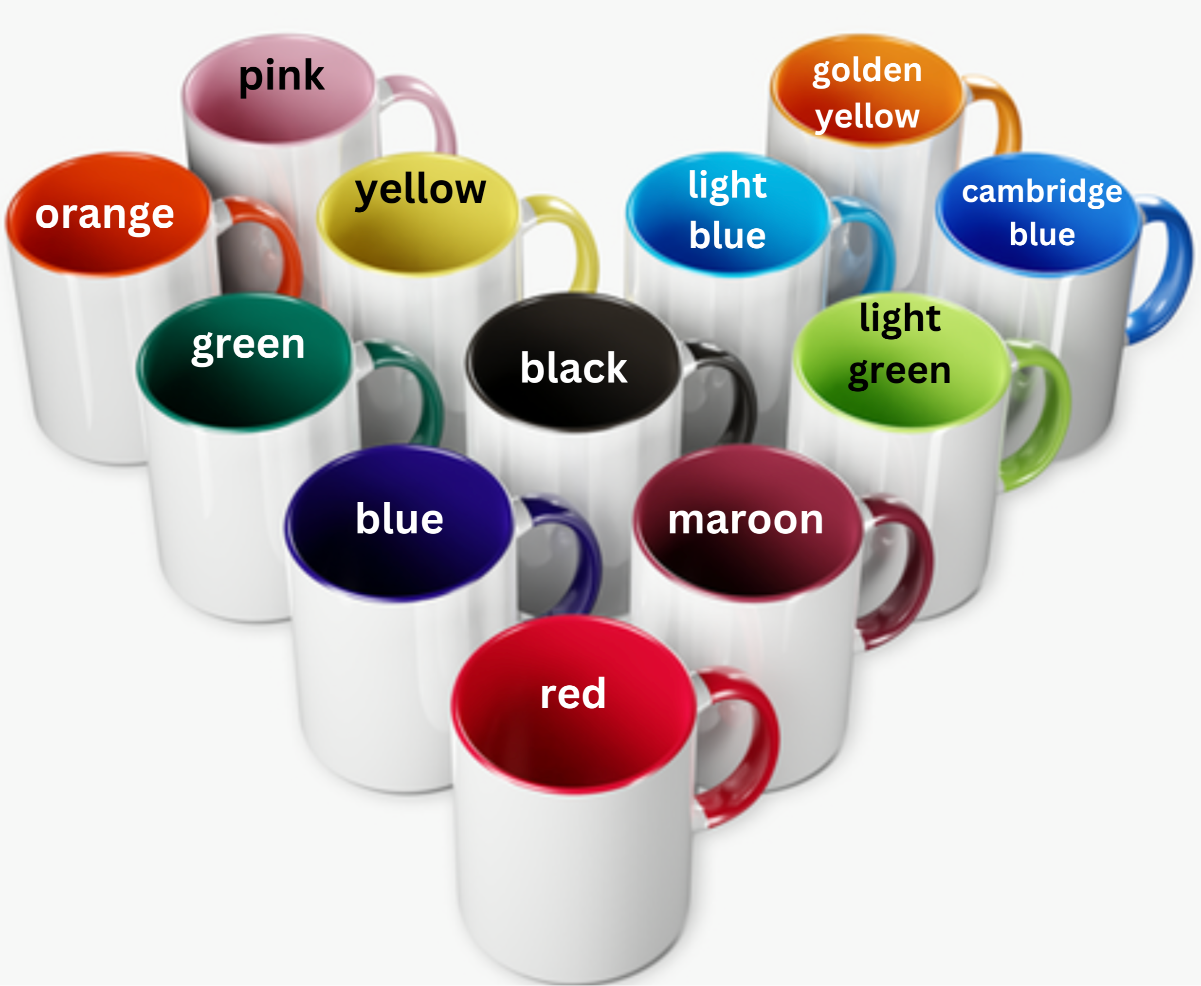 Set of white mugs with color labels on a white background