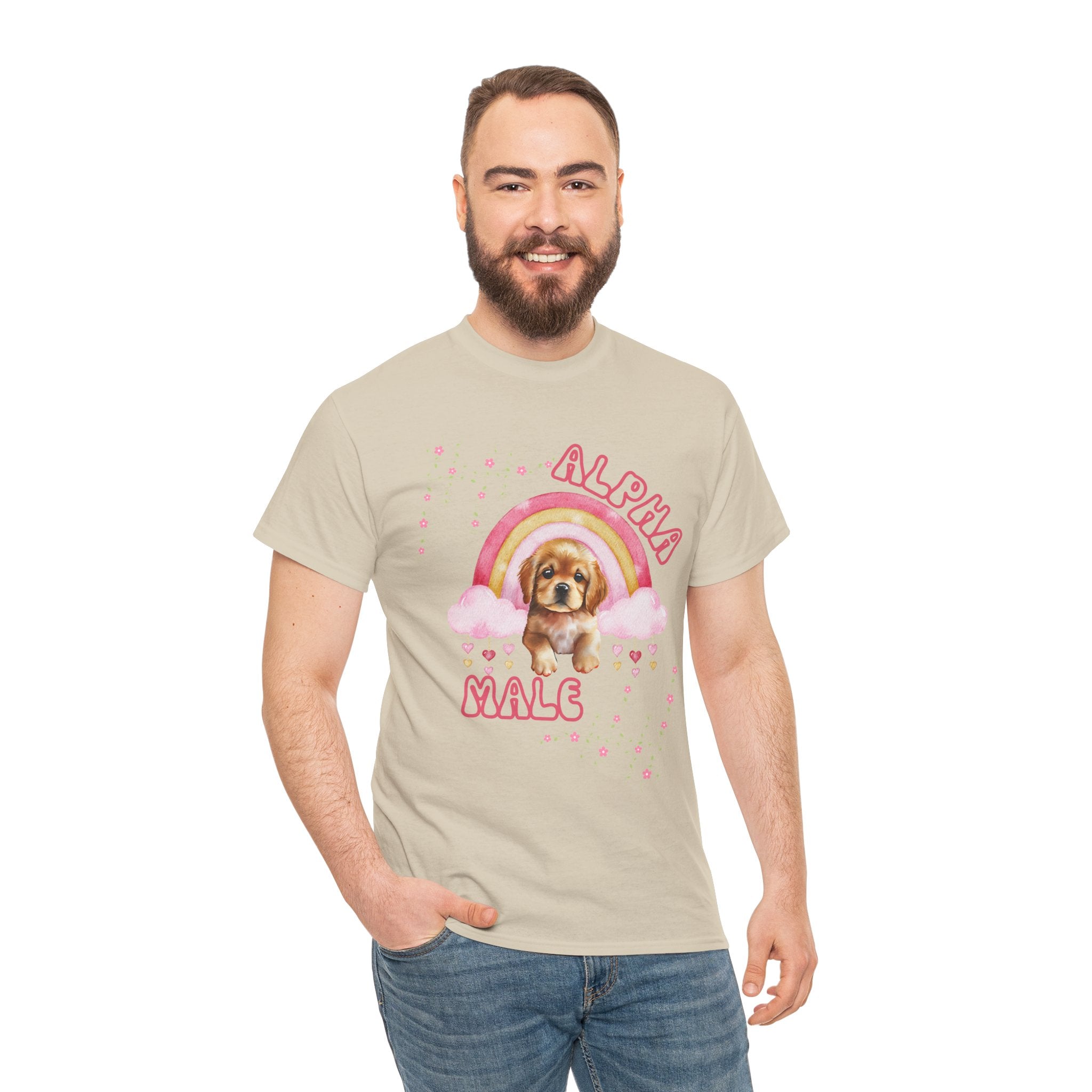 Man wearing a beige t-shirt with a dog graphic and text on a white background