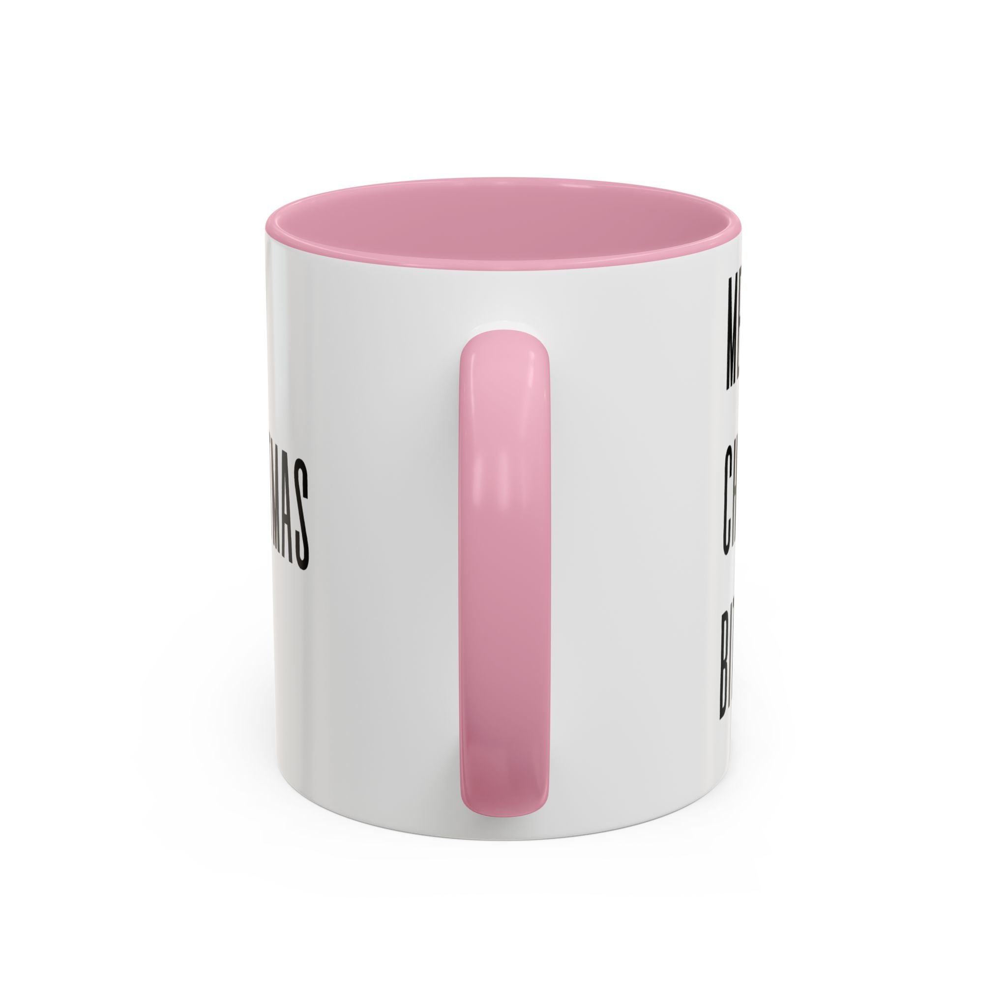 White mug with pink handle and interior on a white background