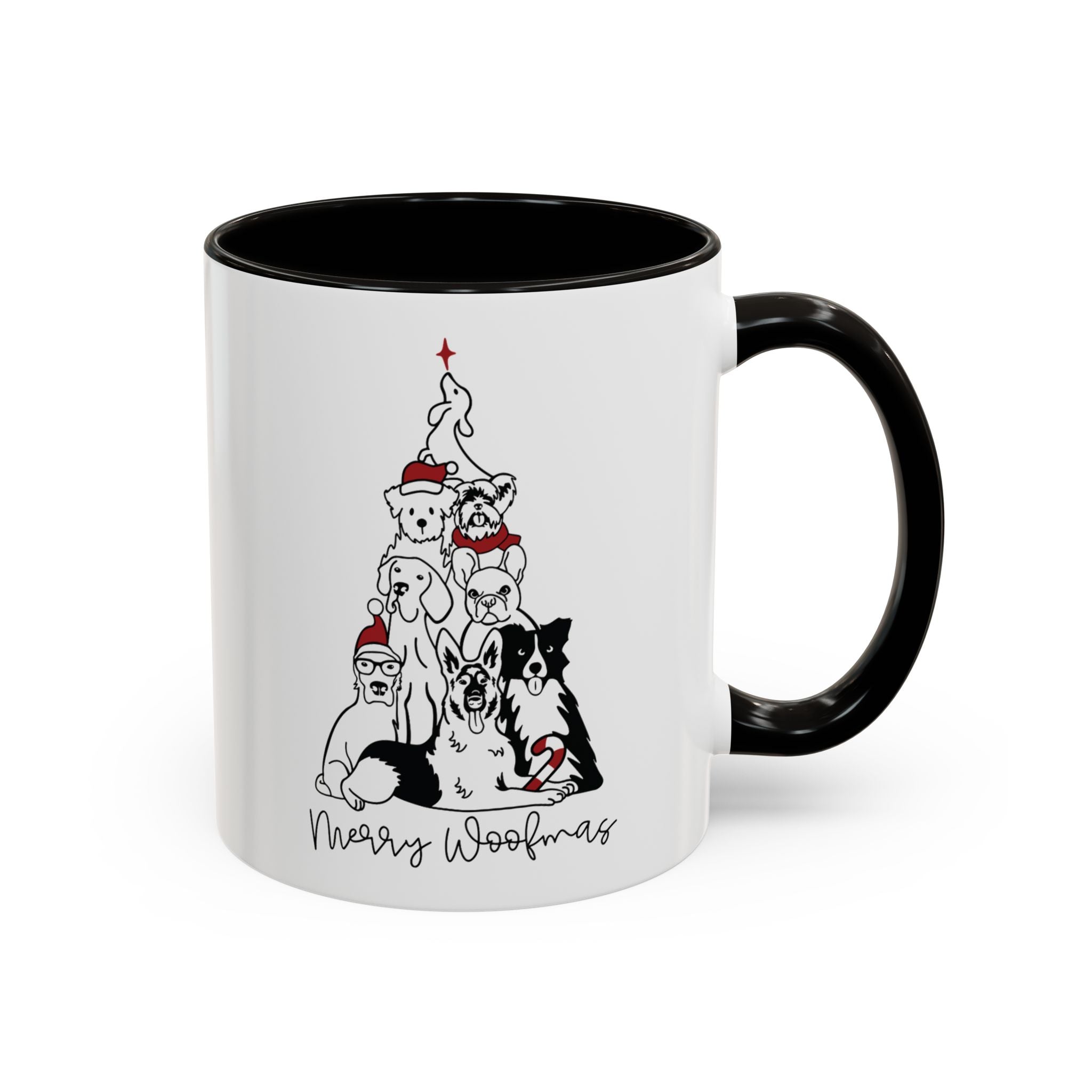 Mug with a Christmas tree design of dogs wearing hats on a white background