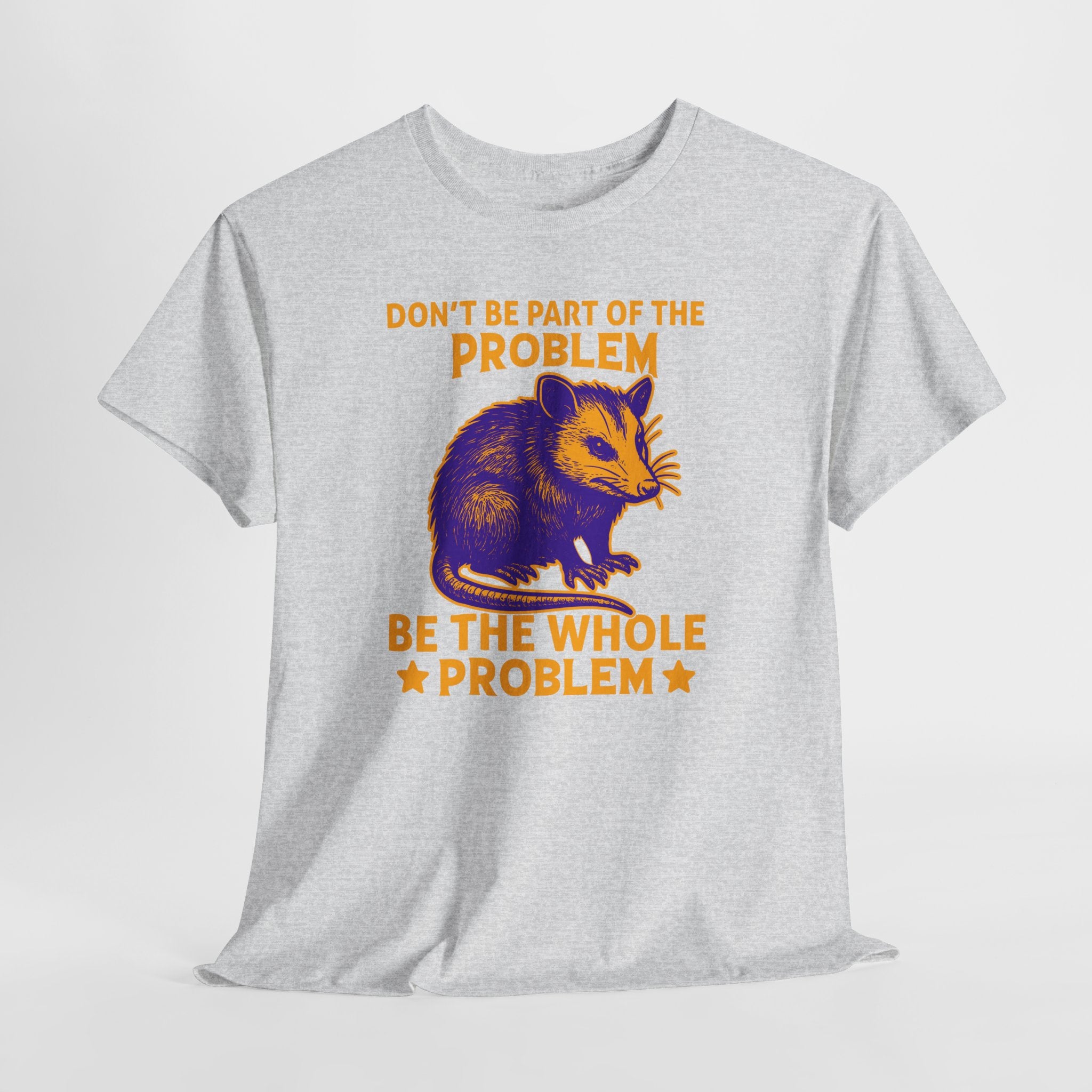 Gray t-shirt with a graphic of a possum and text on a white background