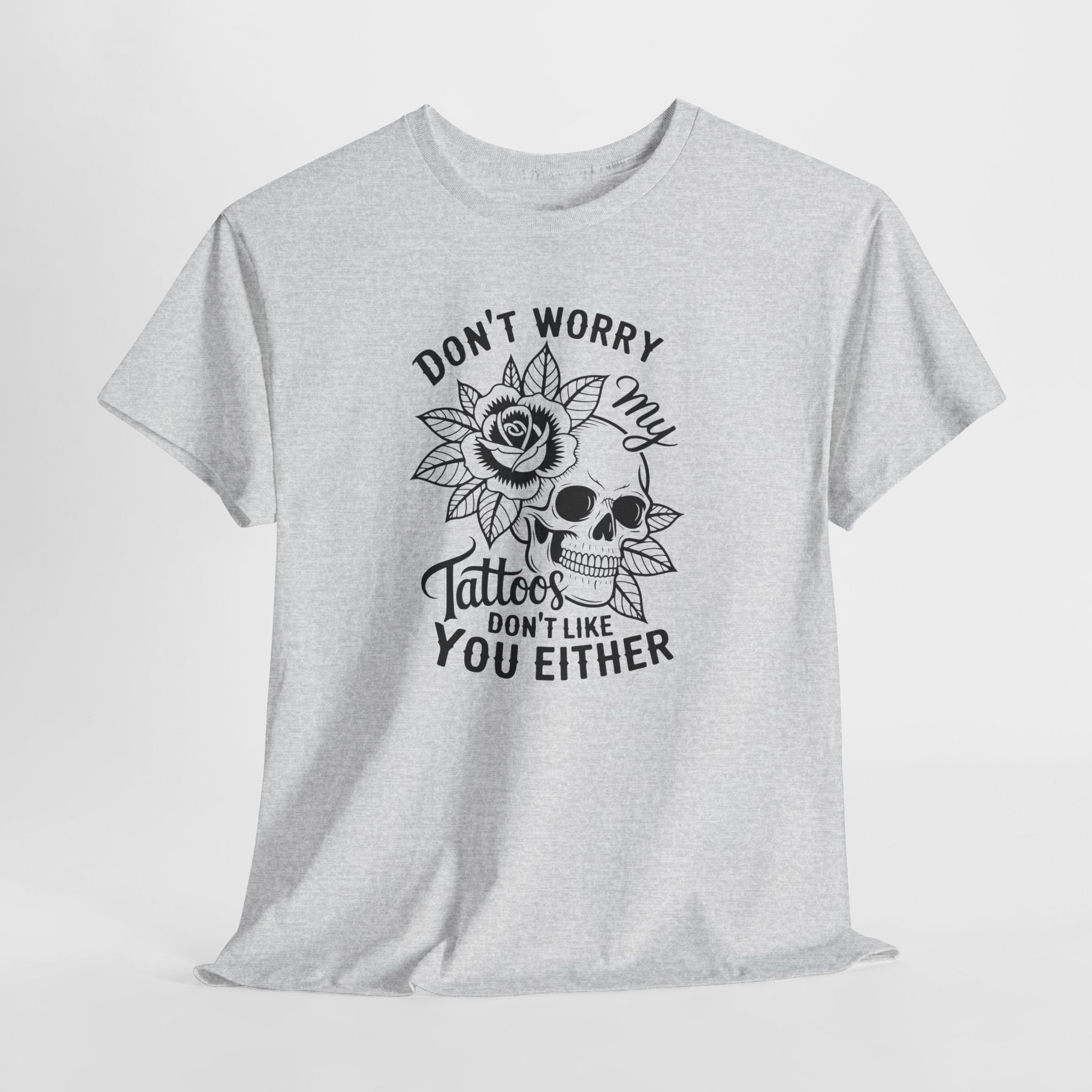 Gray t-shirt with a skull and floral tattoo design and text on a white background