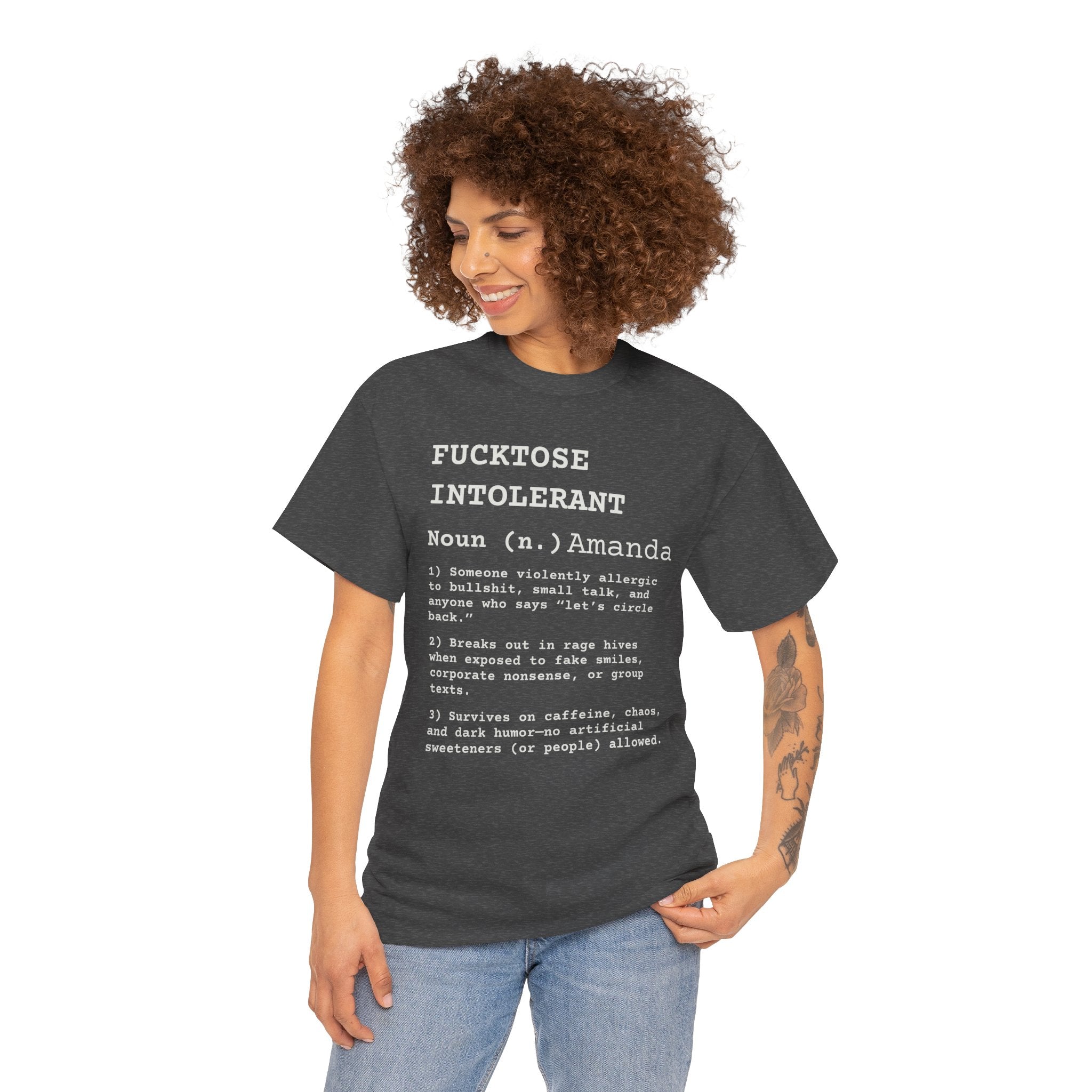 Woman wearing a black t-shirt with personalized fucktose intolerant text on a white background