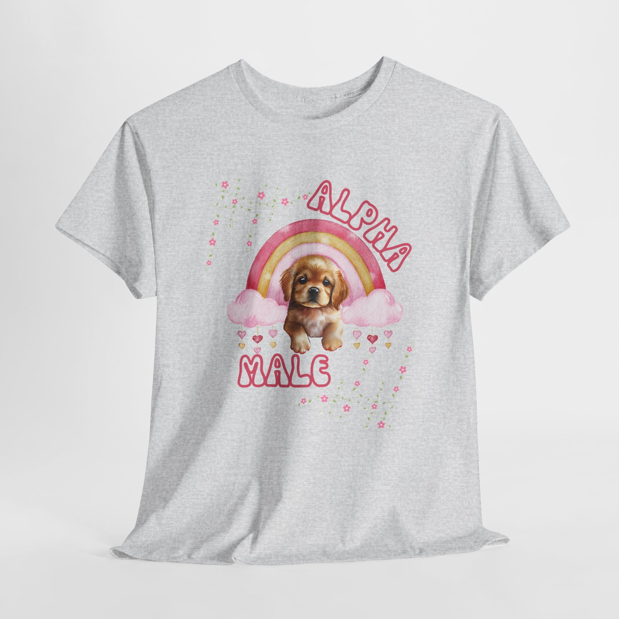 Gray t-shirt with a puppy graphic and 'Alpha Male' text on a white background
