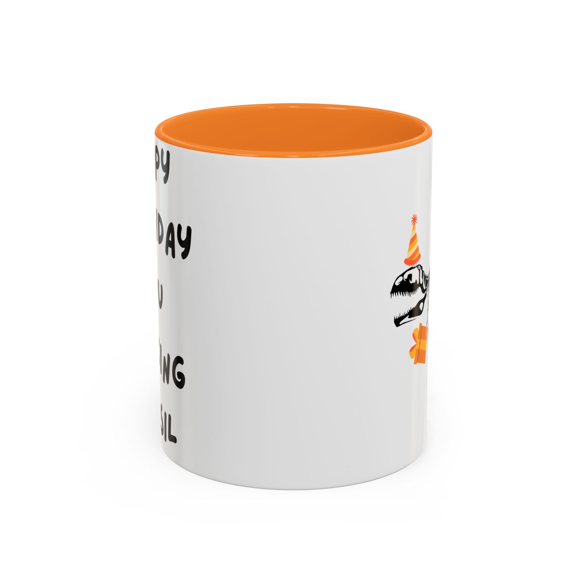 White mug with orange interior and text and graphics on a white background
