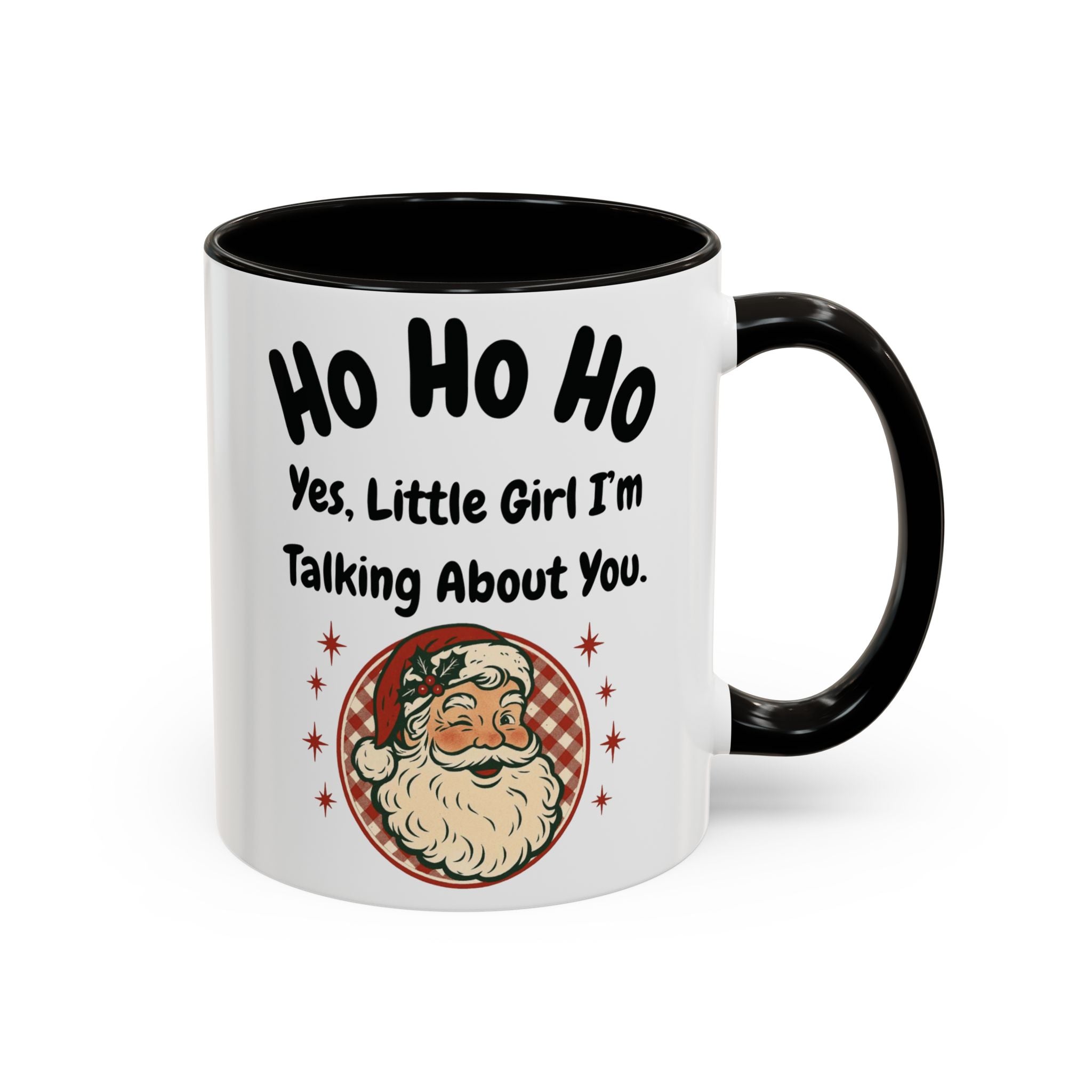White mug with black interior and handle, featuring a Santa Claus graphic and humorous text.