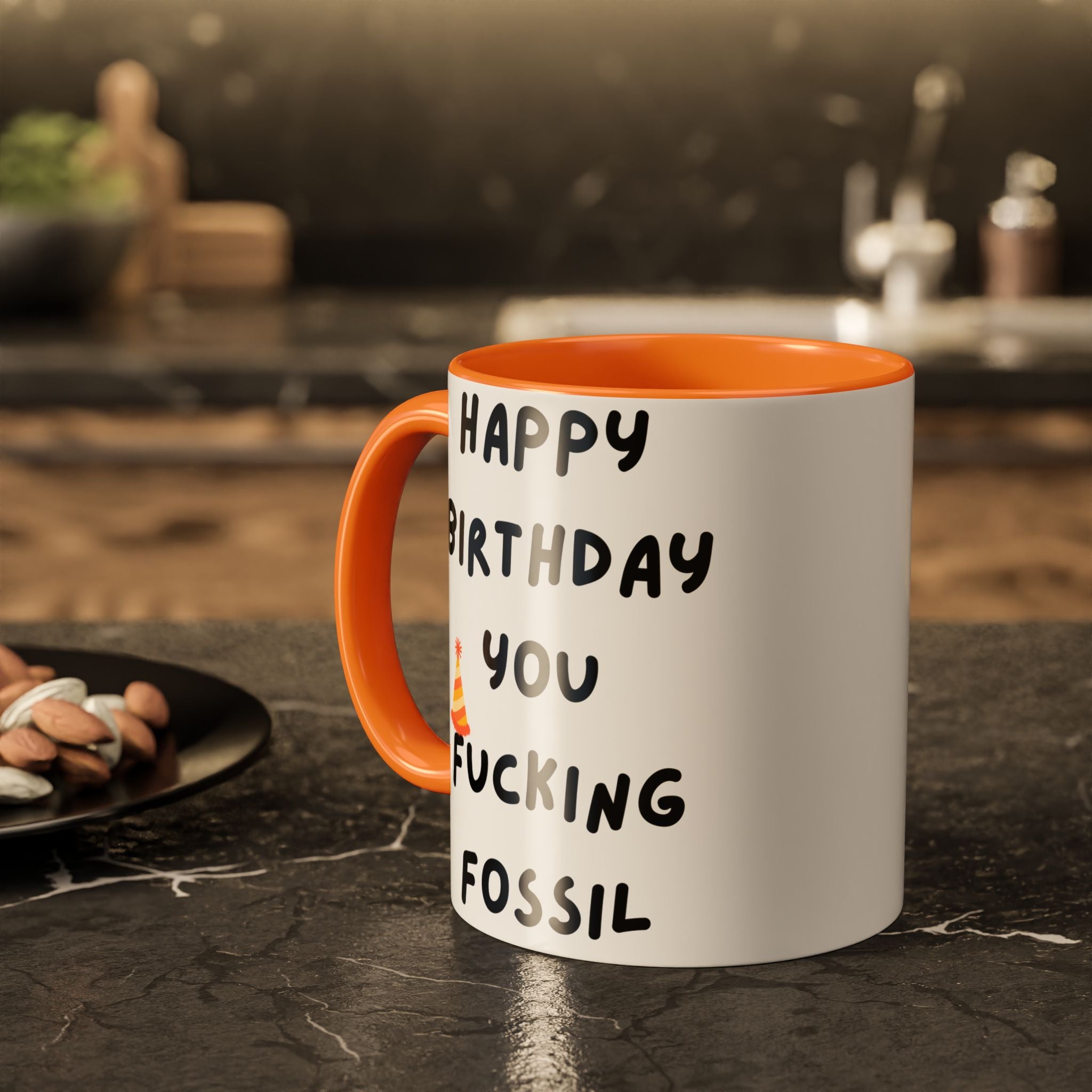 Mug with offensive and funny text on a kitchen counter