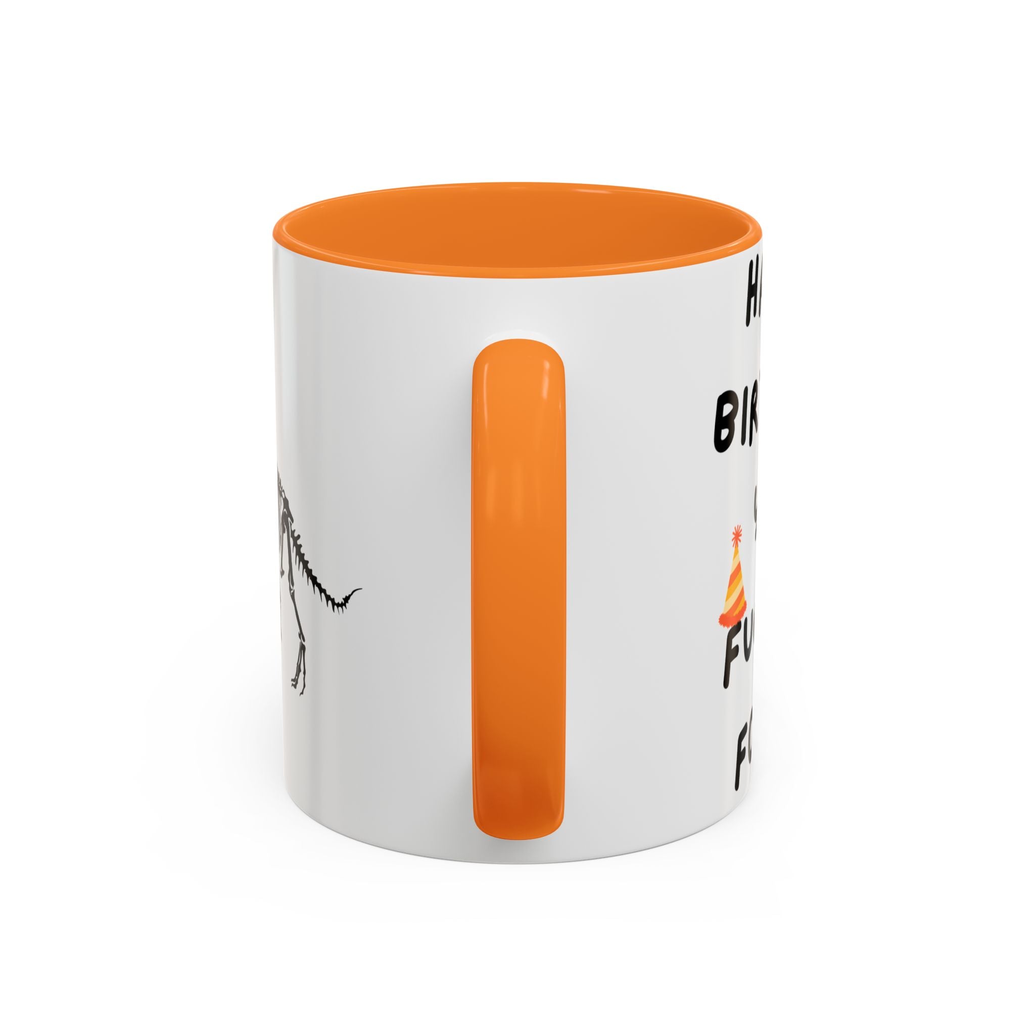 White mug with orange interior and handle on a white background