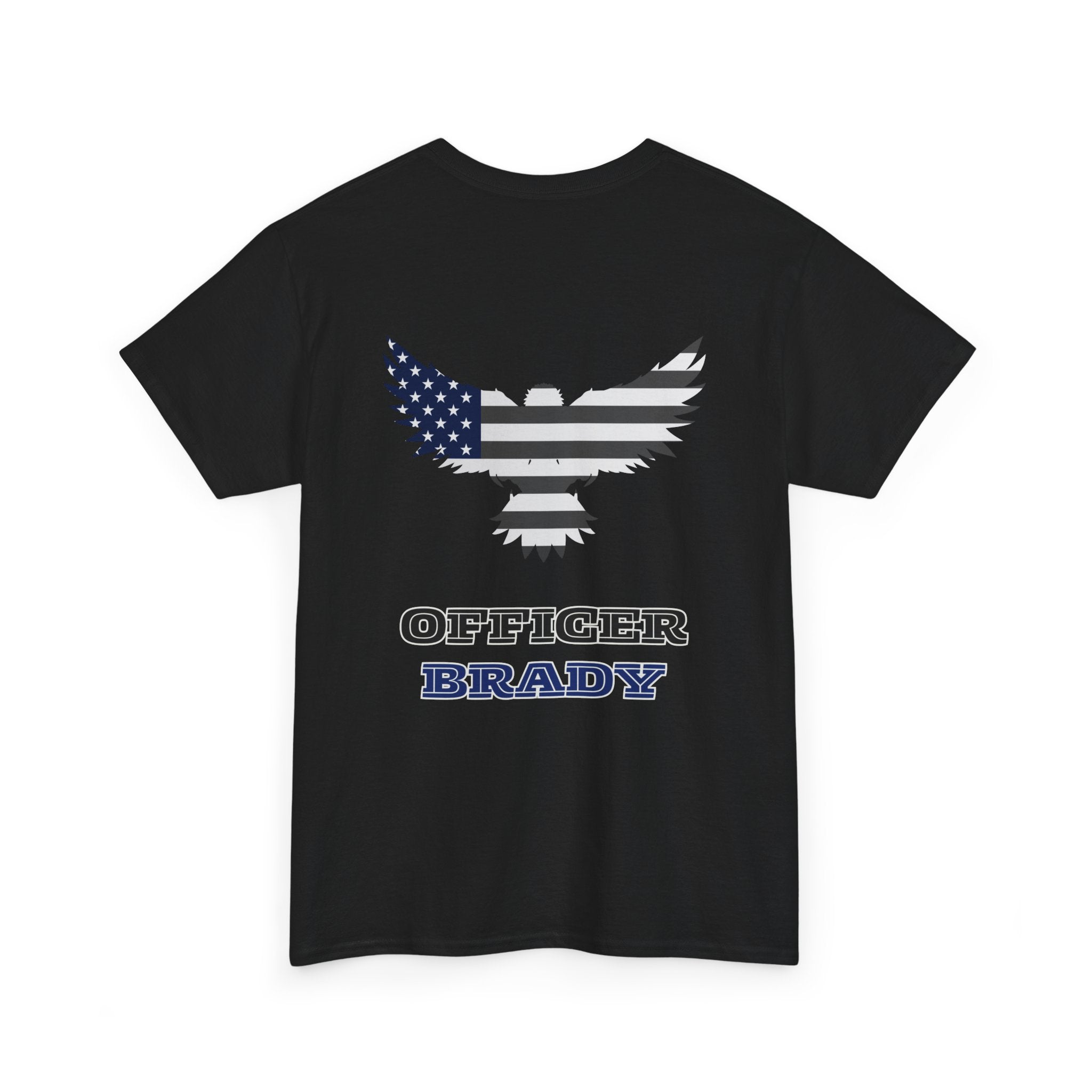 Black t-shirt with an eagle design and text on a white background