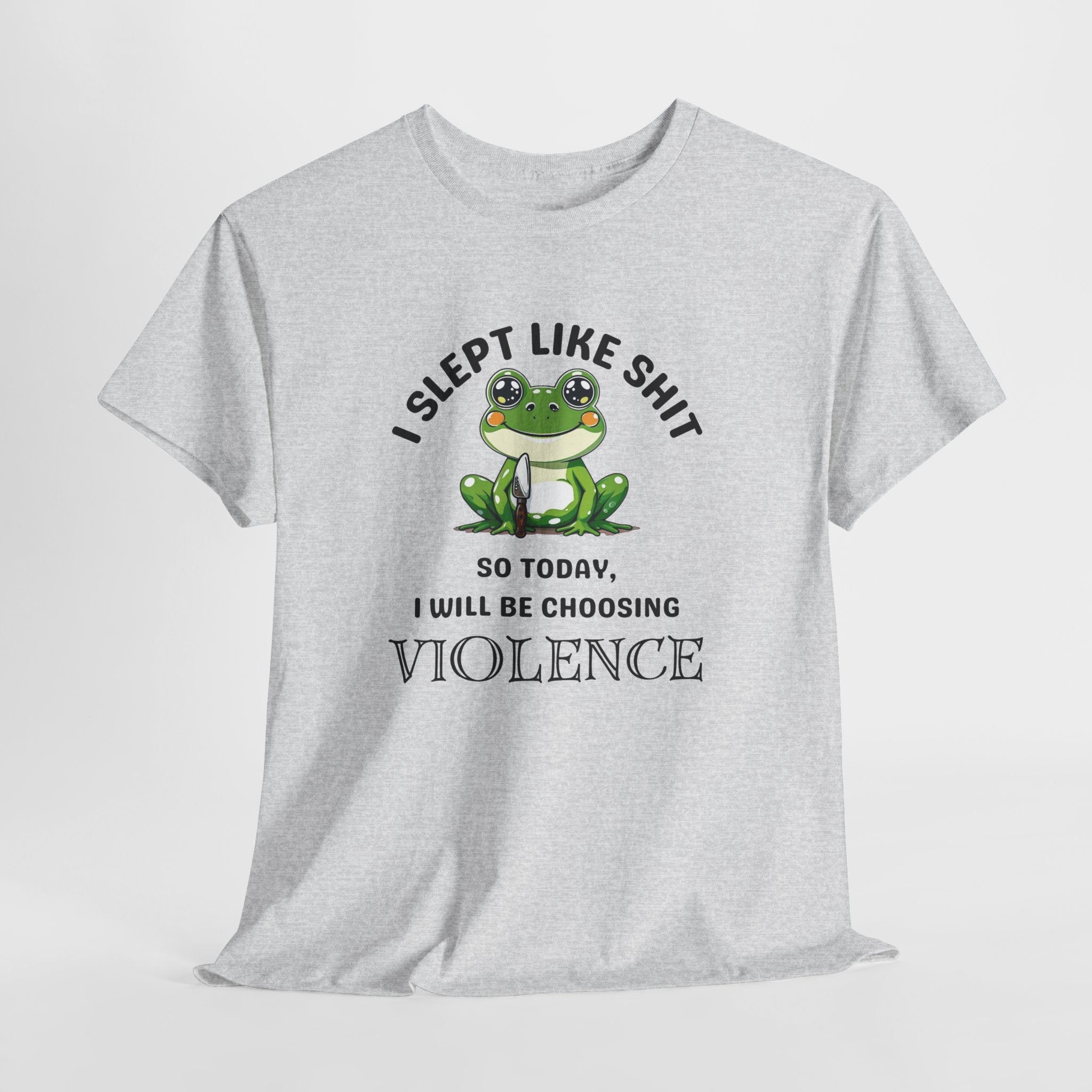 Gray t-shirt with a frog graphic and tI slept like shit ext on a white background