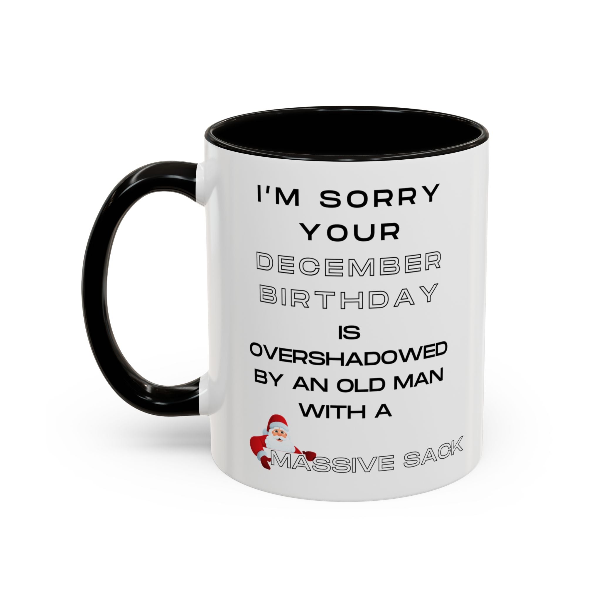 White mug with black handle and text about December birthdays, on a white background