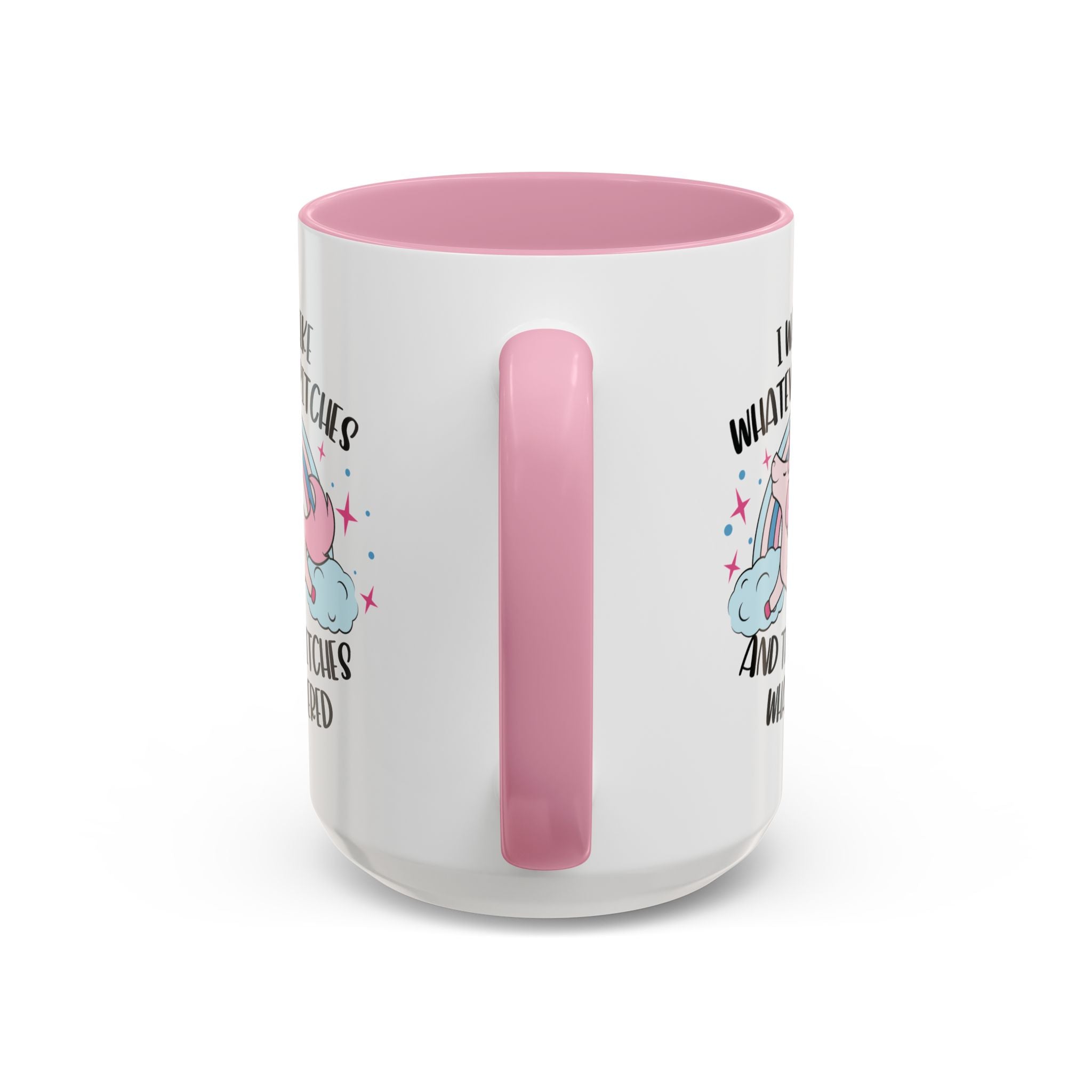 White mug with pink interior and handle, featuring cartoon designs on a white background
