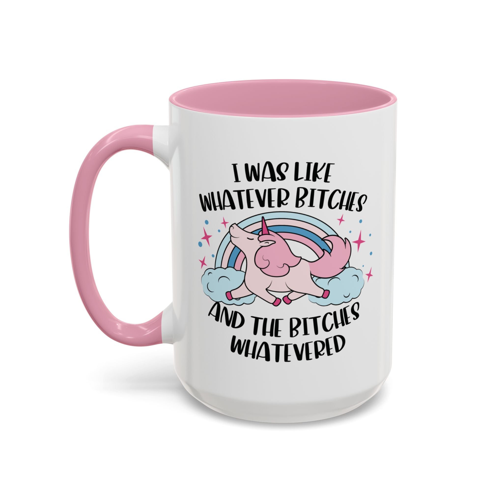 Mug with pink interior and handle, featuring a unicorn graphic and humorous text on a white background.