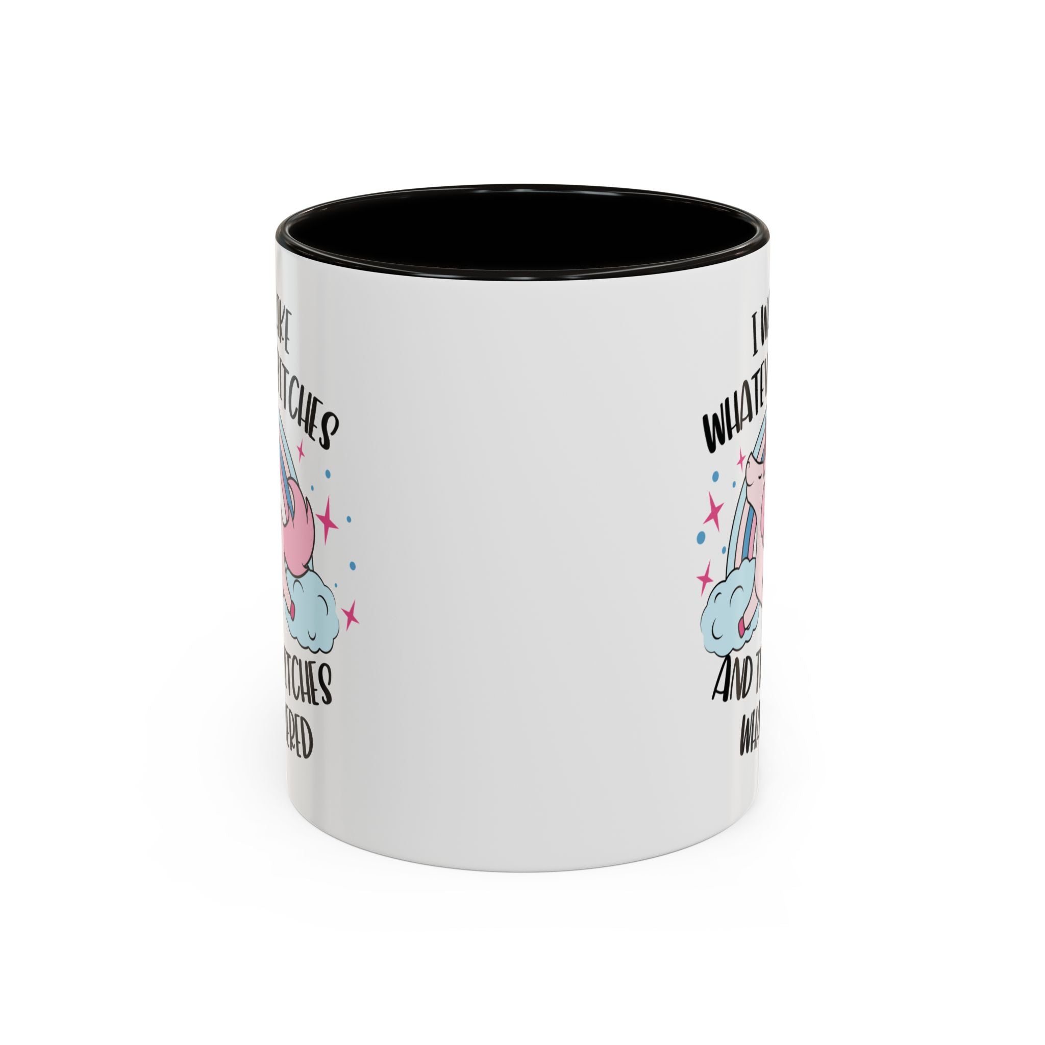 White mug with black interior and colorful I was like whatever design on a white background
