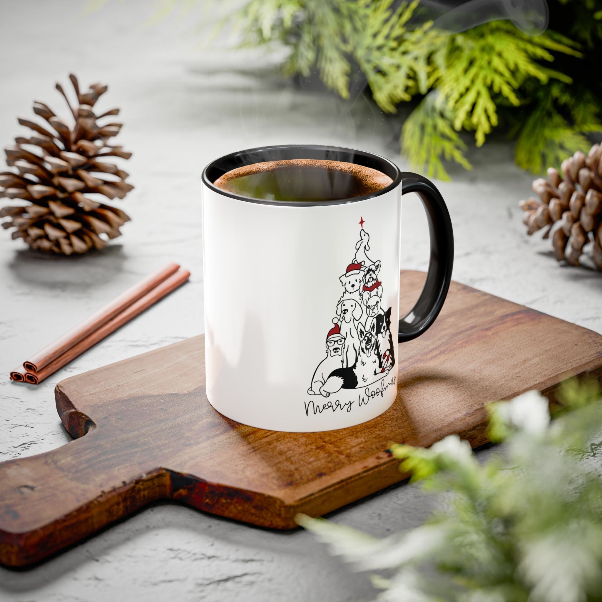 White mug with black interior on a wooden board, surrounded by Christmas decorations.