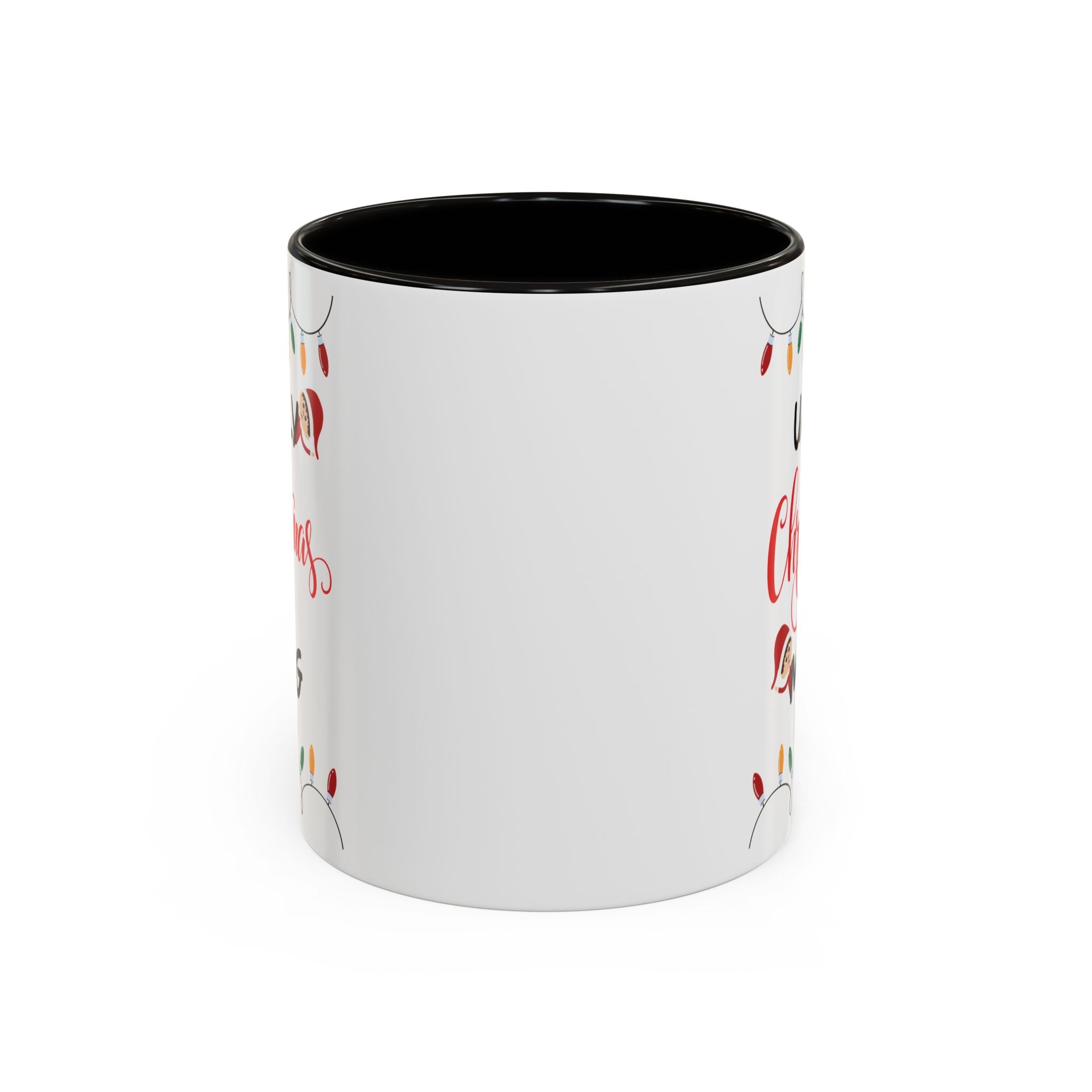 White mug with black interior and colorful design on a white background
