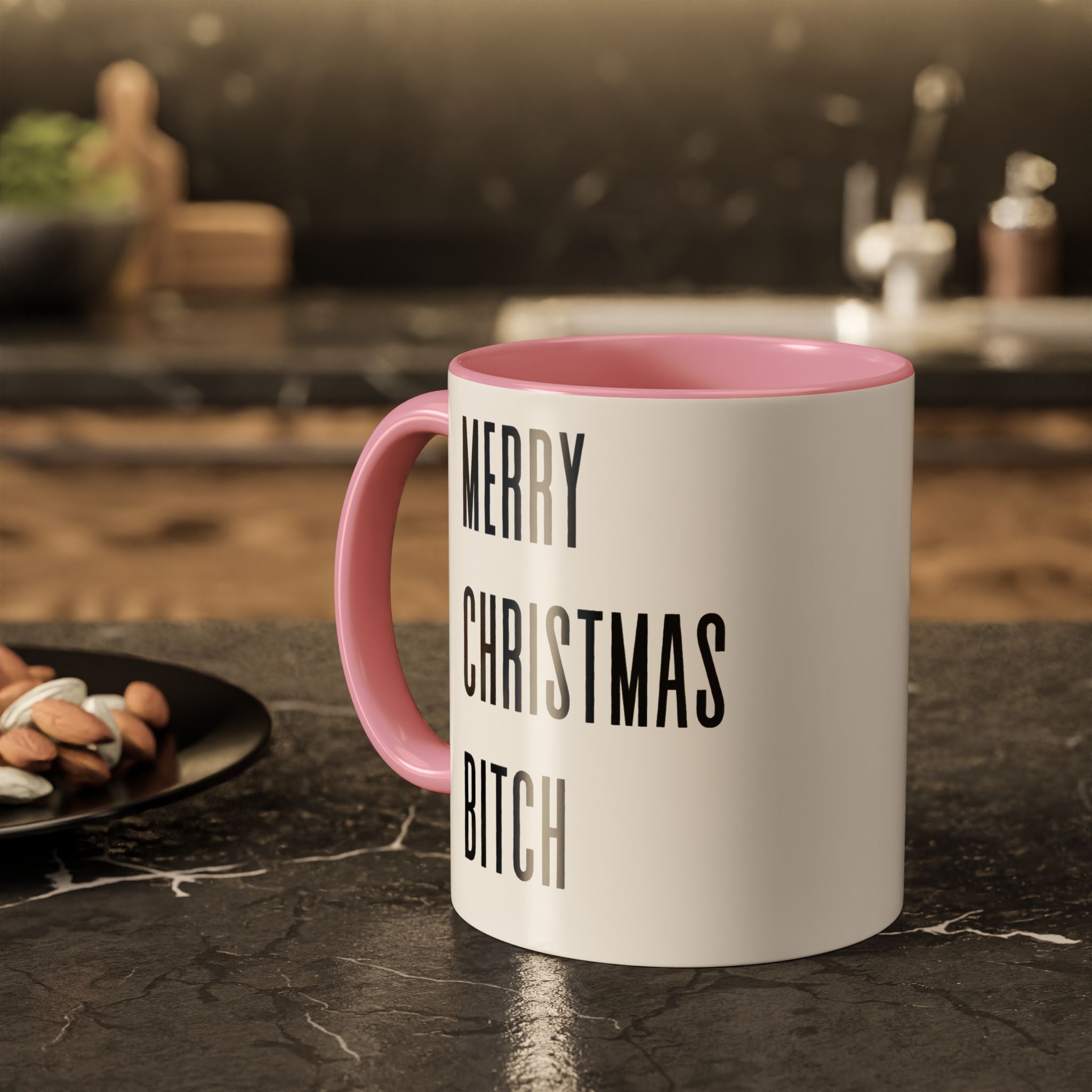 Mug with 'Merry Christmas Bitch' text on a kitchen counter