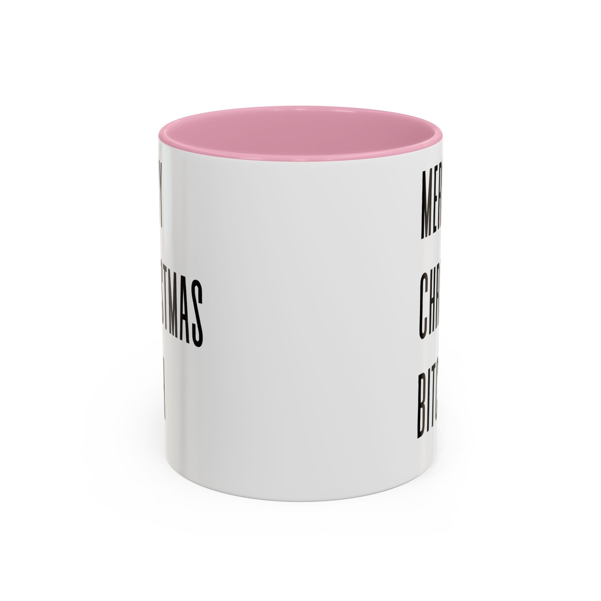 White mug with pink interior and black text on a white background