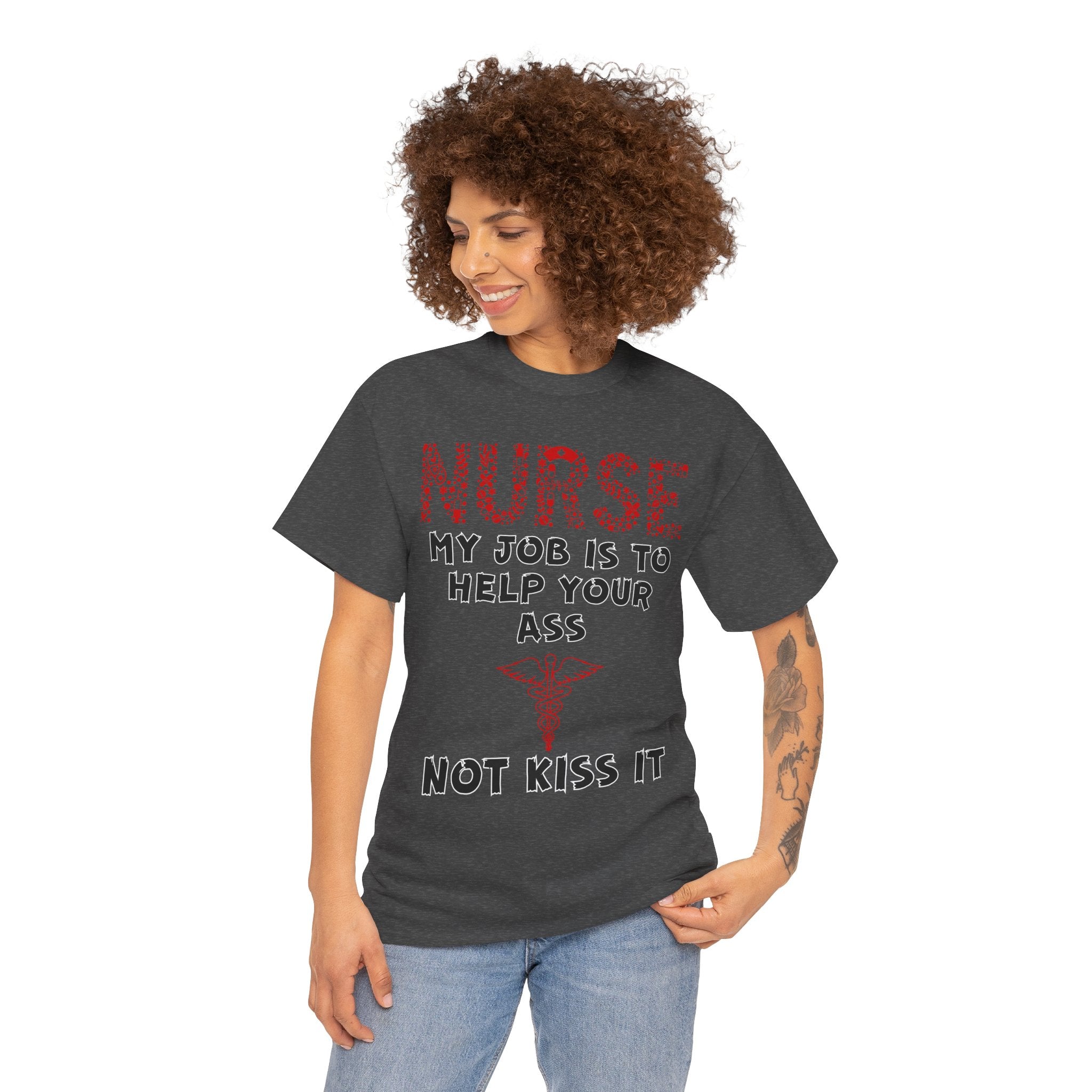 Woman wearing a dark gray t-shirt with a humorous nurse graphic and text.