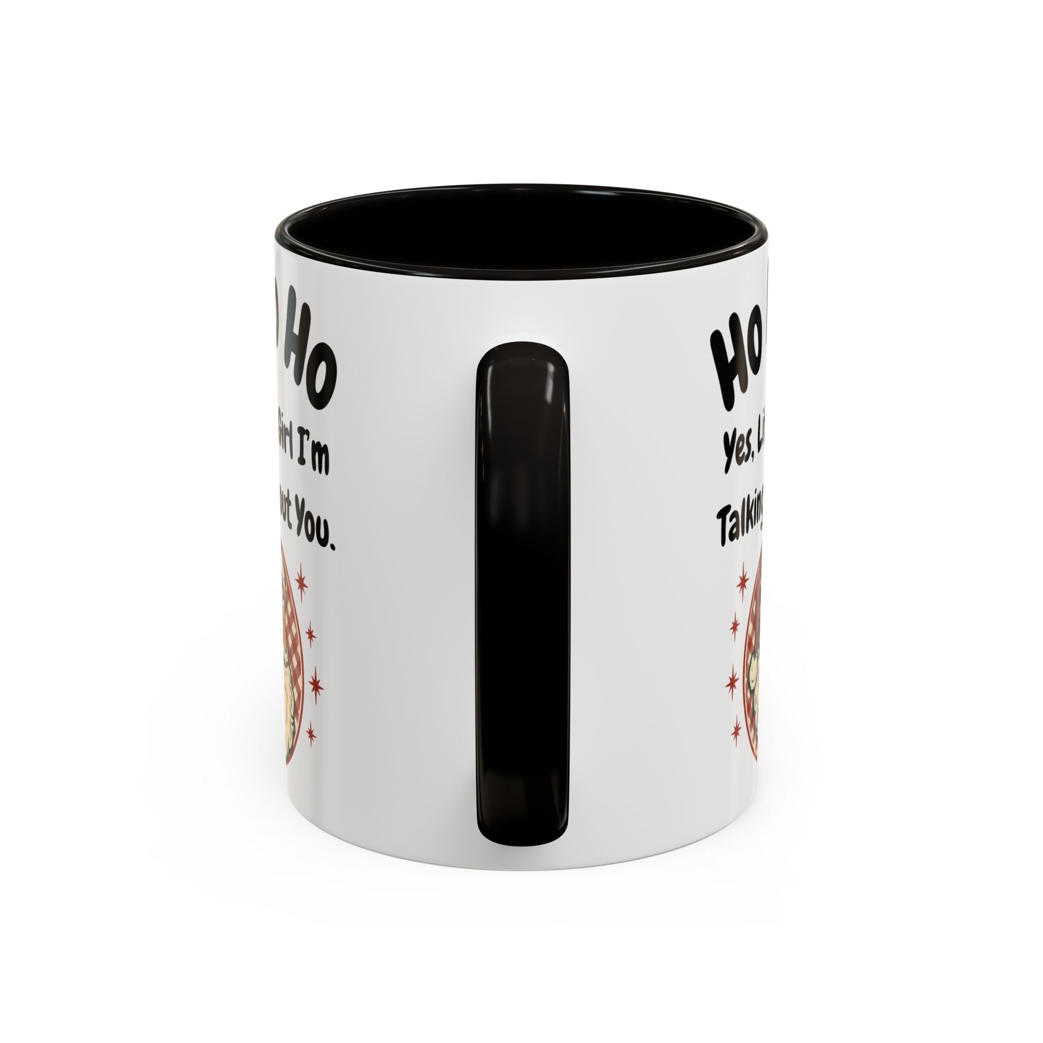 White mug with black interior and handle, featuring text and graphics on a white background