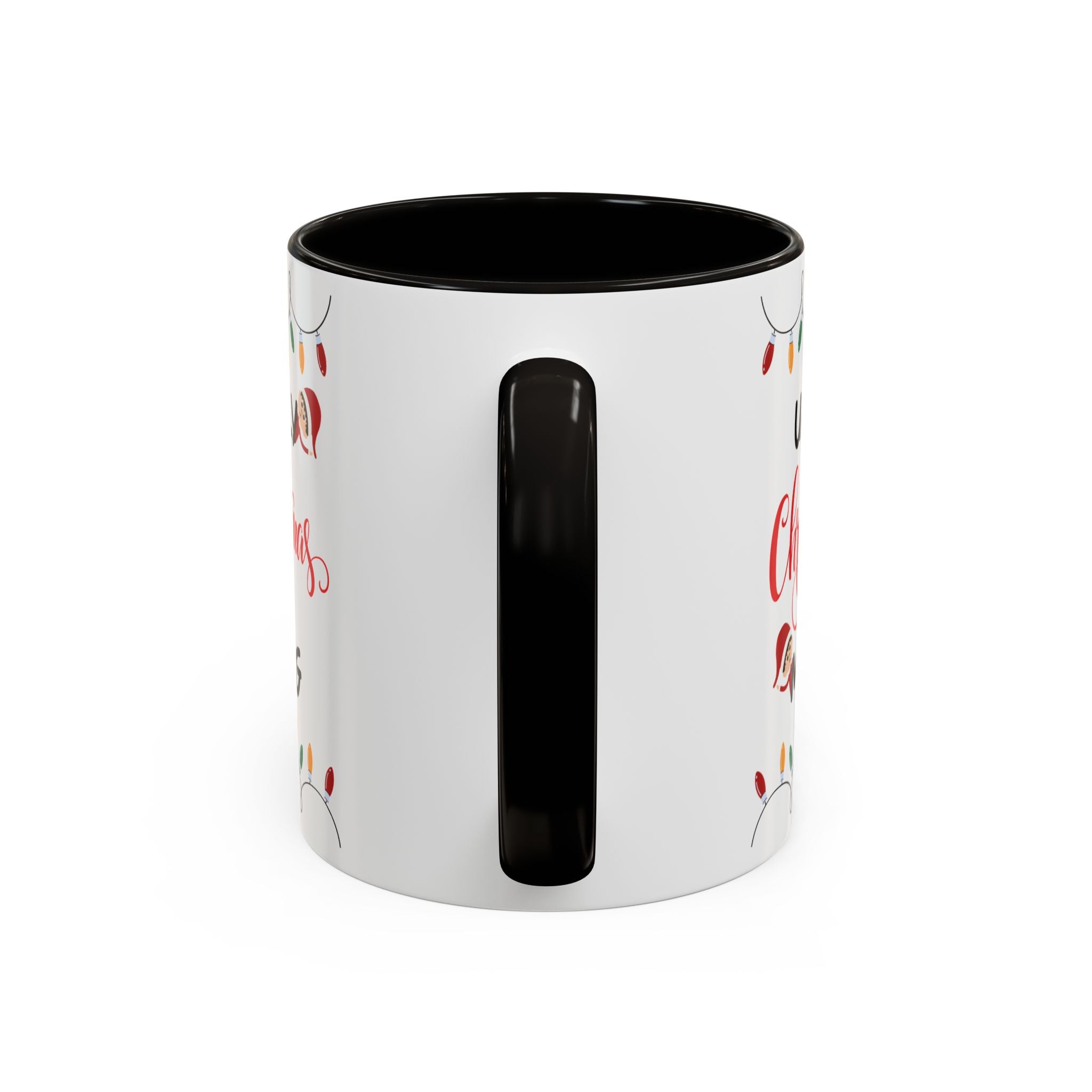 White mug with black interior and handle, featuring red text and graphics on a white background