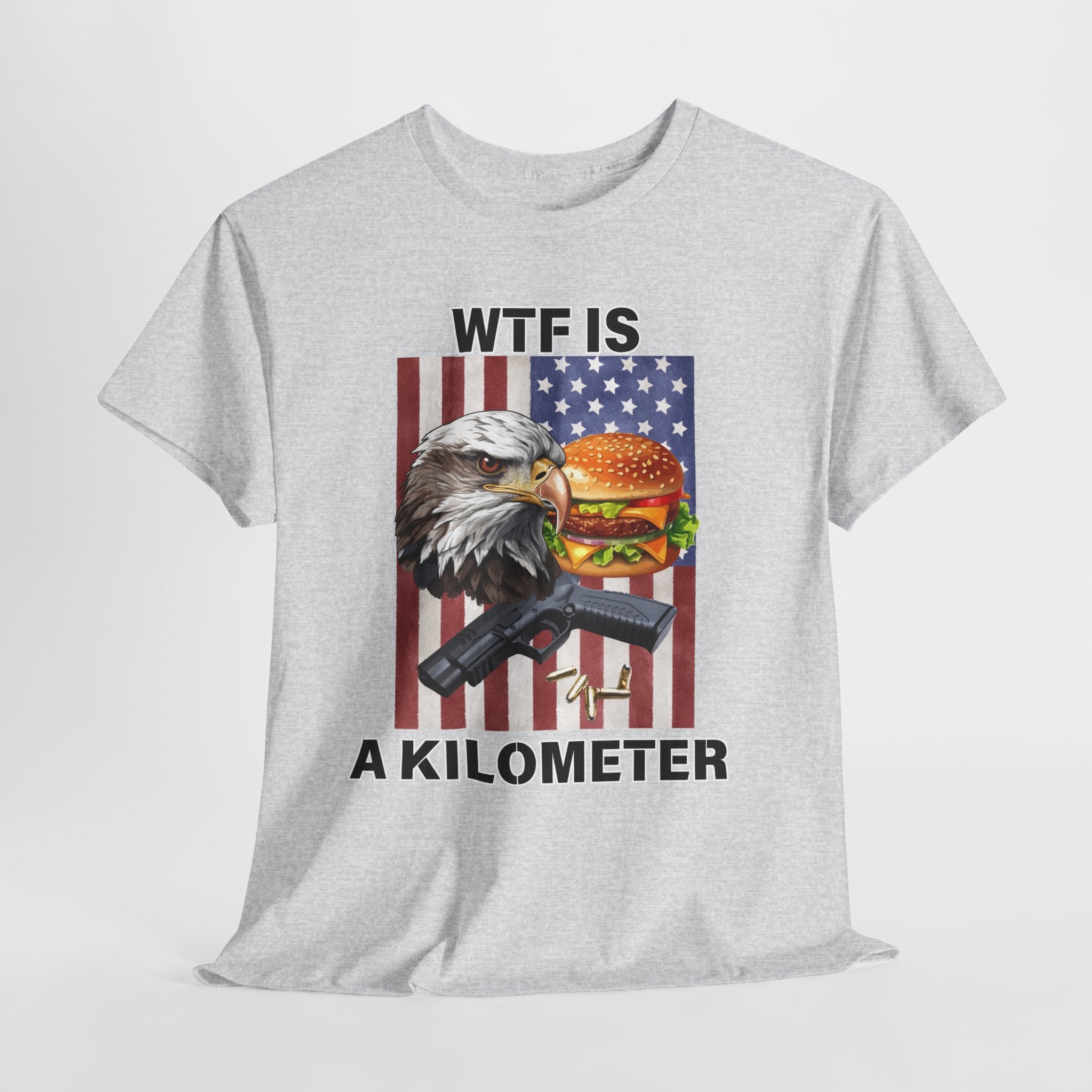 Gray t-shirt with graphic design featuring an eagle, burger, gun, and American flag on a white background.
