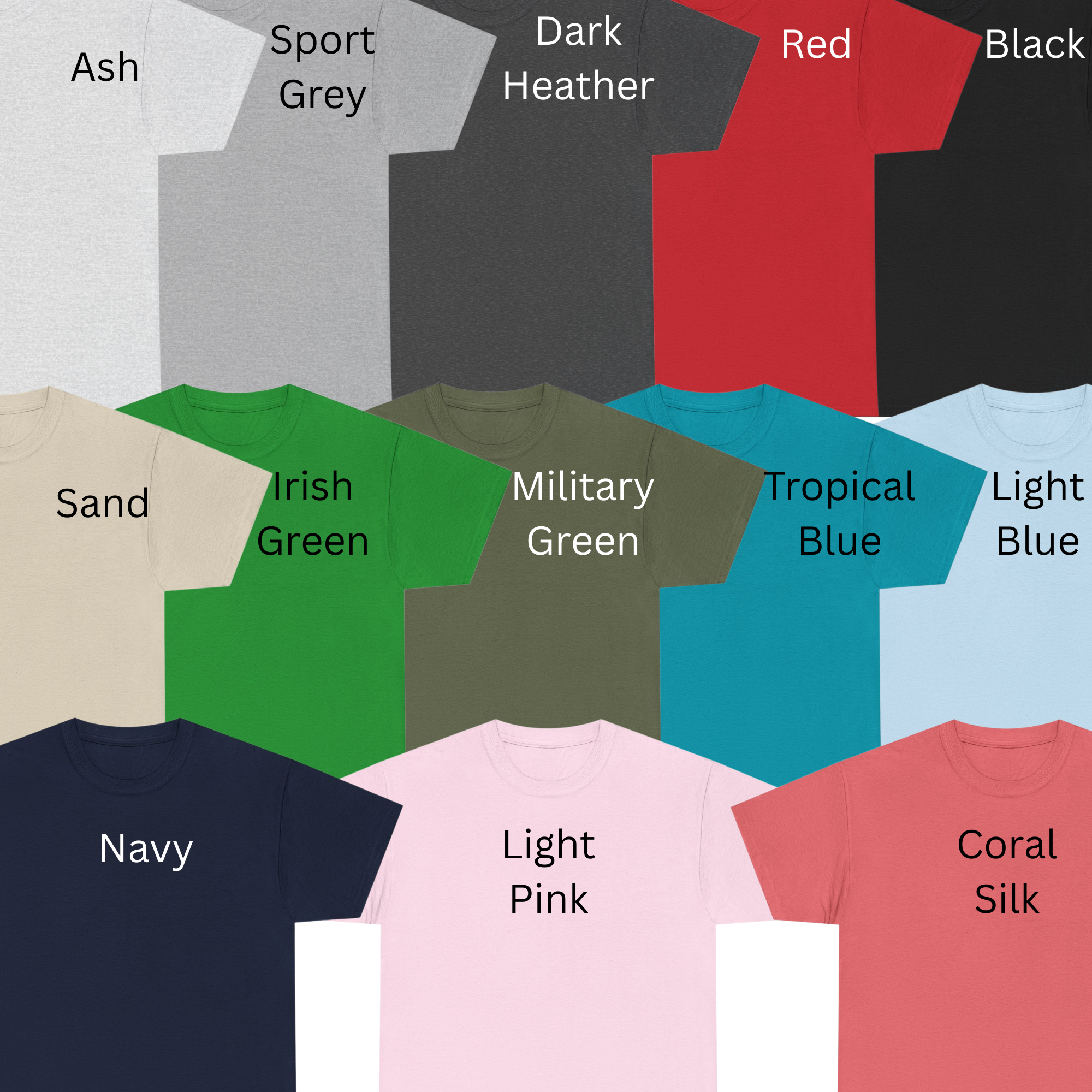 Collection of t-shirts in various colors with labels on a white background
