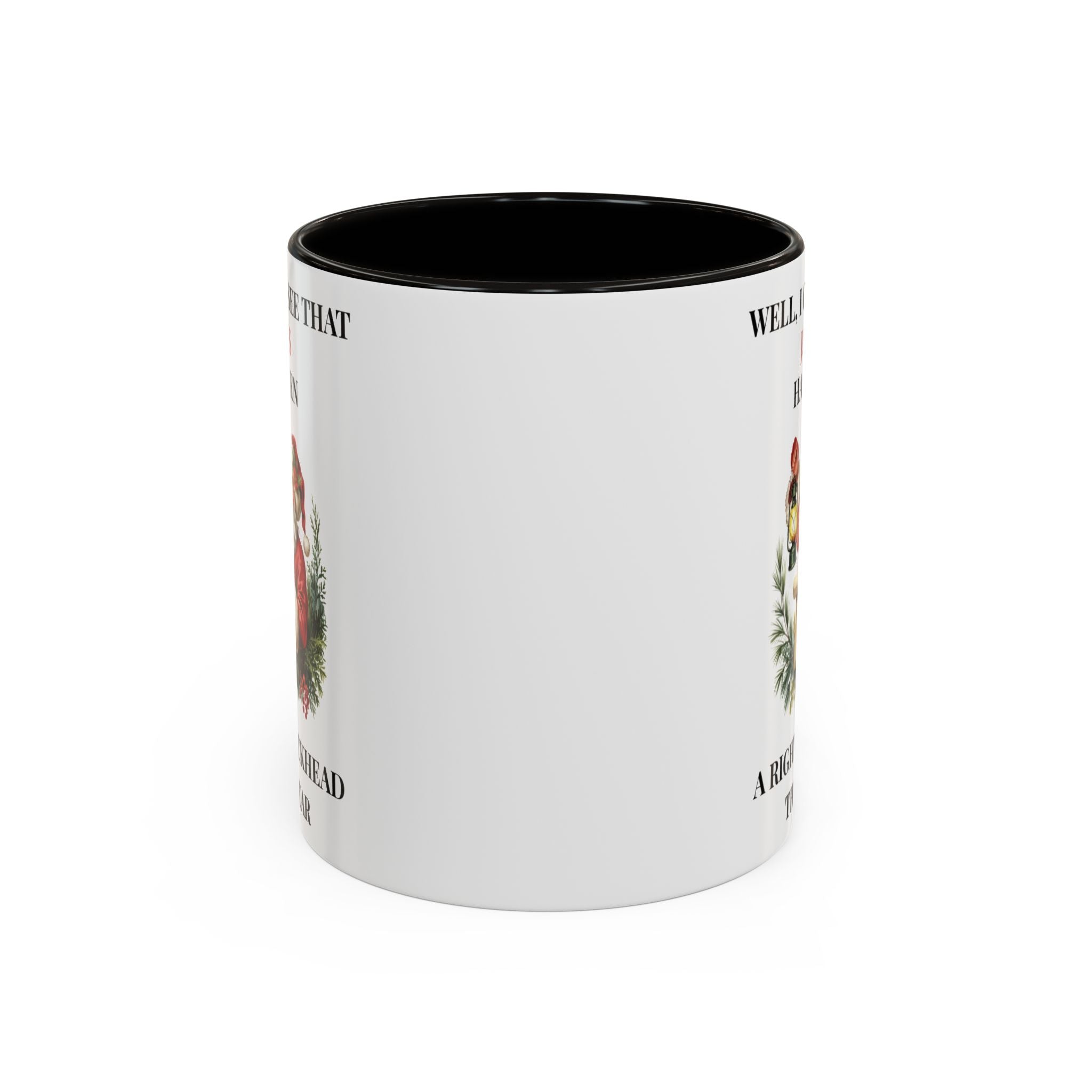 White mug with black interior and handle, featuring text and images on a white background
