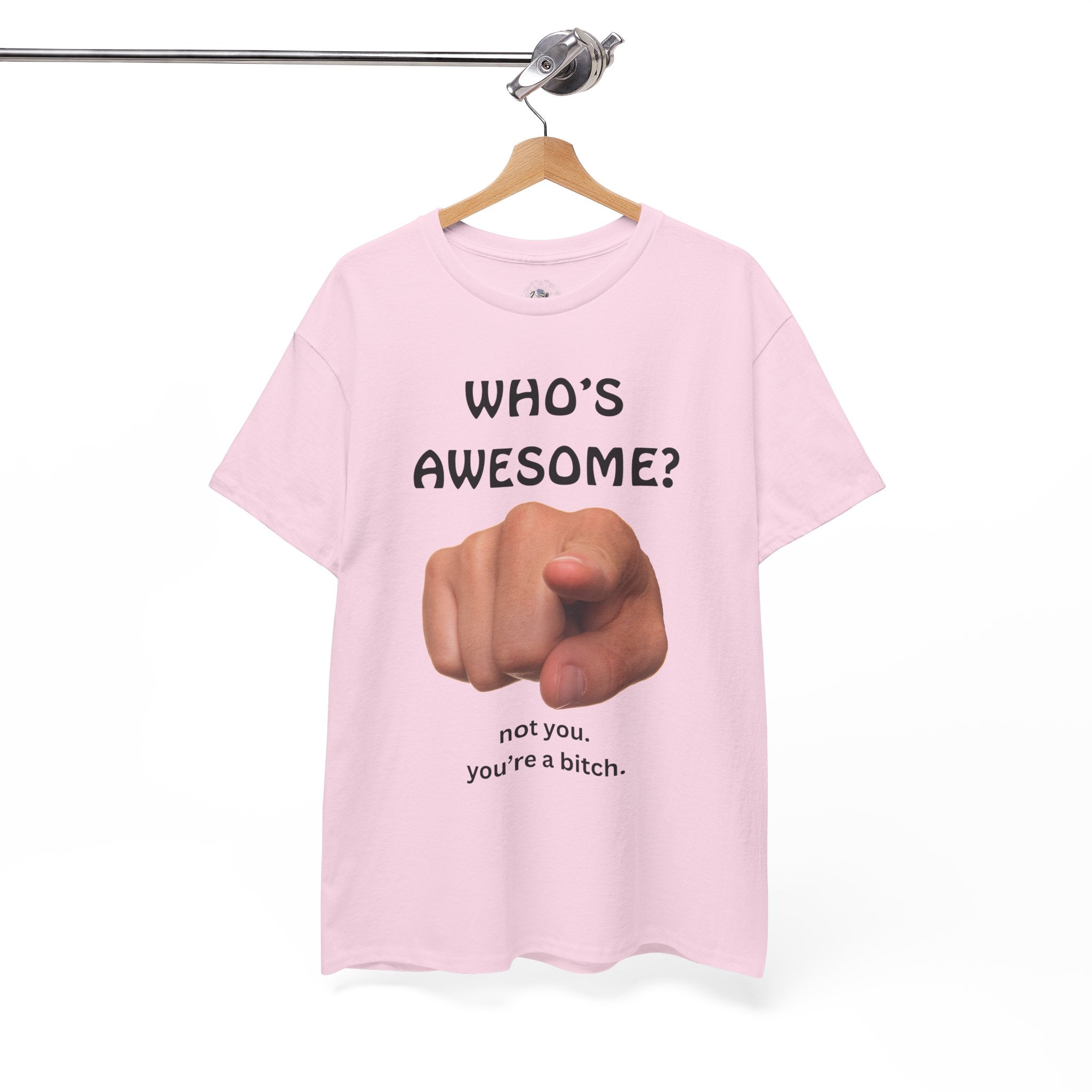 Sarcastic pink t-shirt with graphic and text on a hanger against a white background