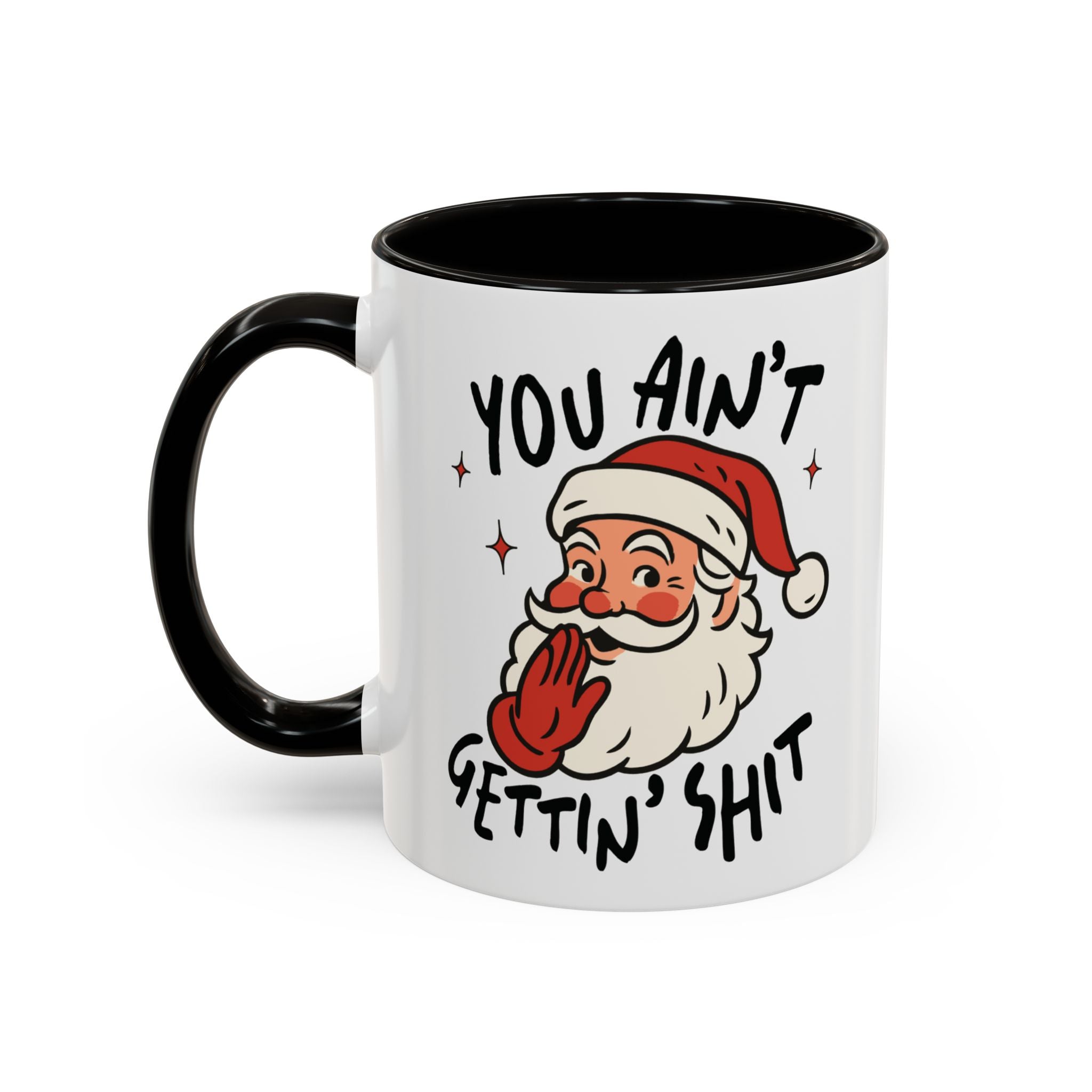 Mug with Santa Claus graphic and text on a white background