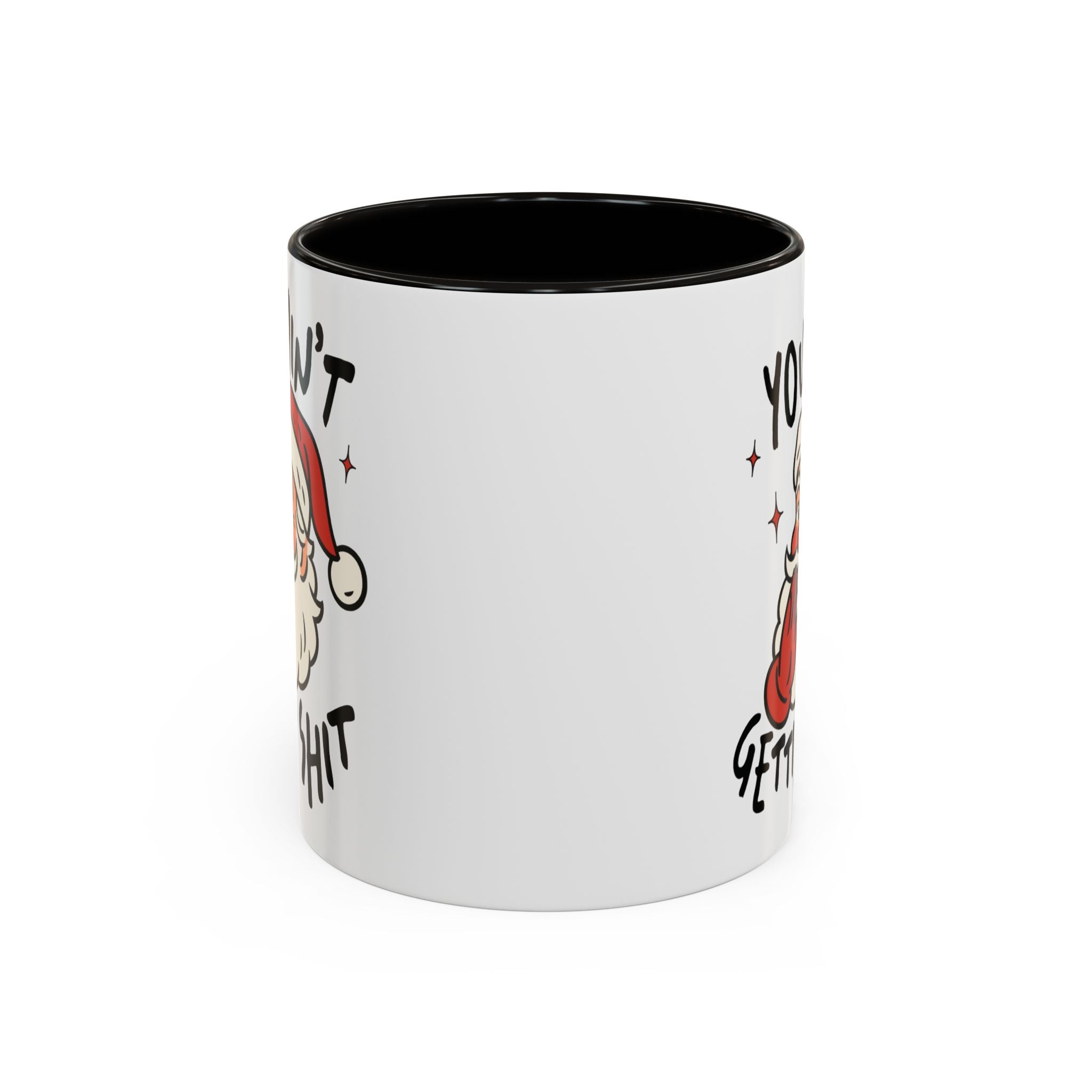 White mug with black interior and graphic design on a white background