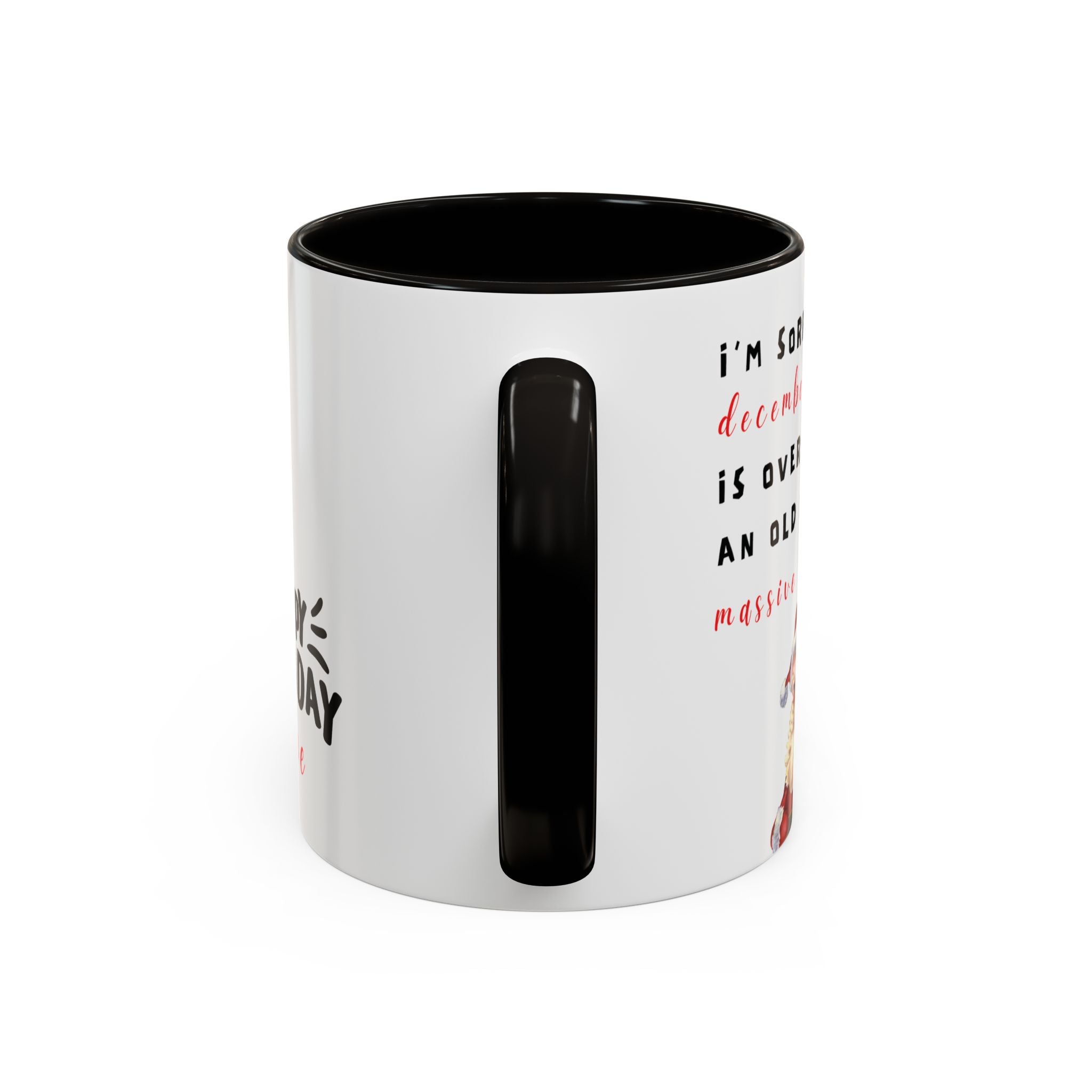 White mug with black interior and handle, featuring text and graphics on a white background