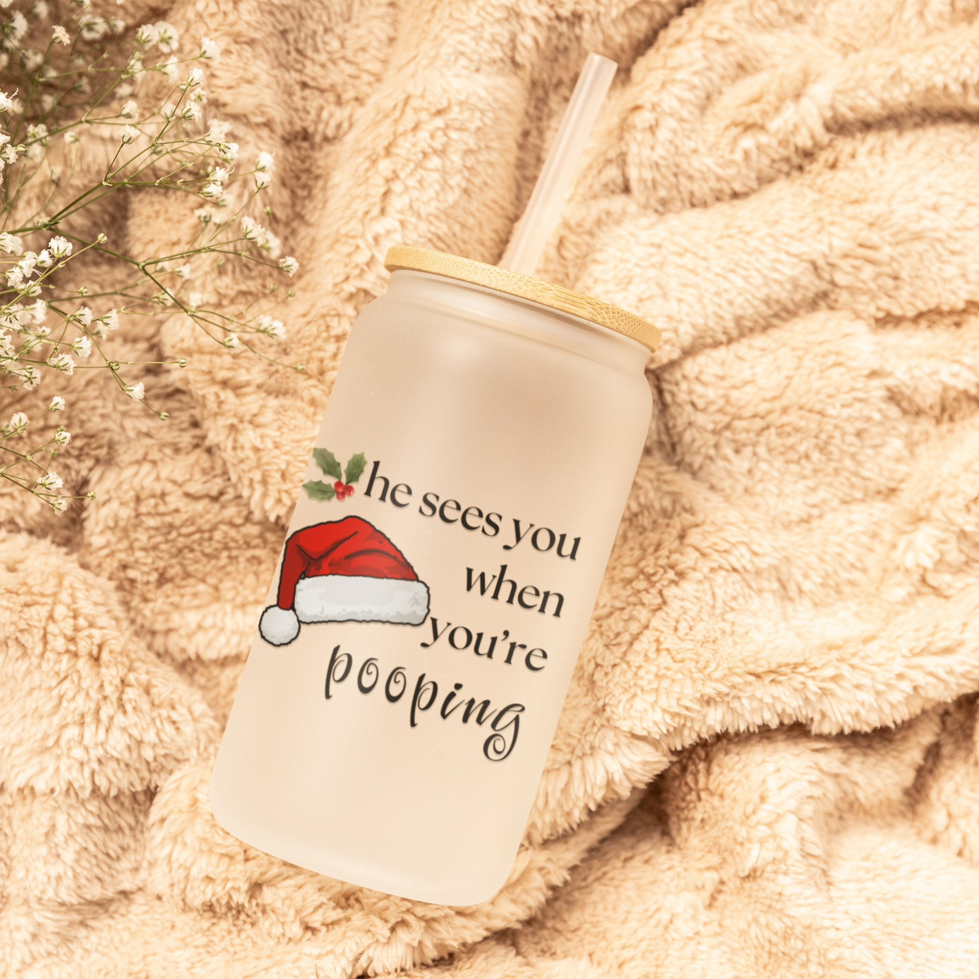 He Sees You When You’re Pooping Santa Hat Iced Coffee Cup