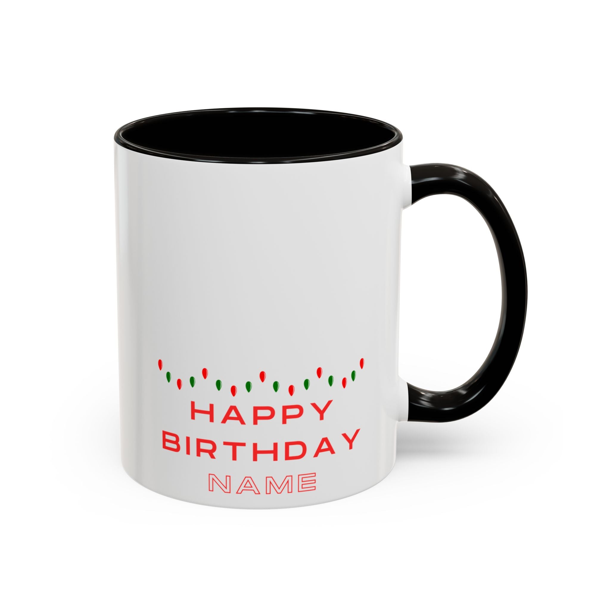 White mug with black interior and handle, featuring 'Happy Birthday' and 'custom name' text on a white background