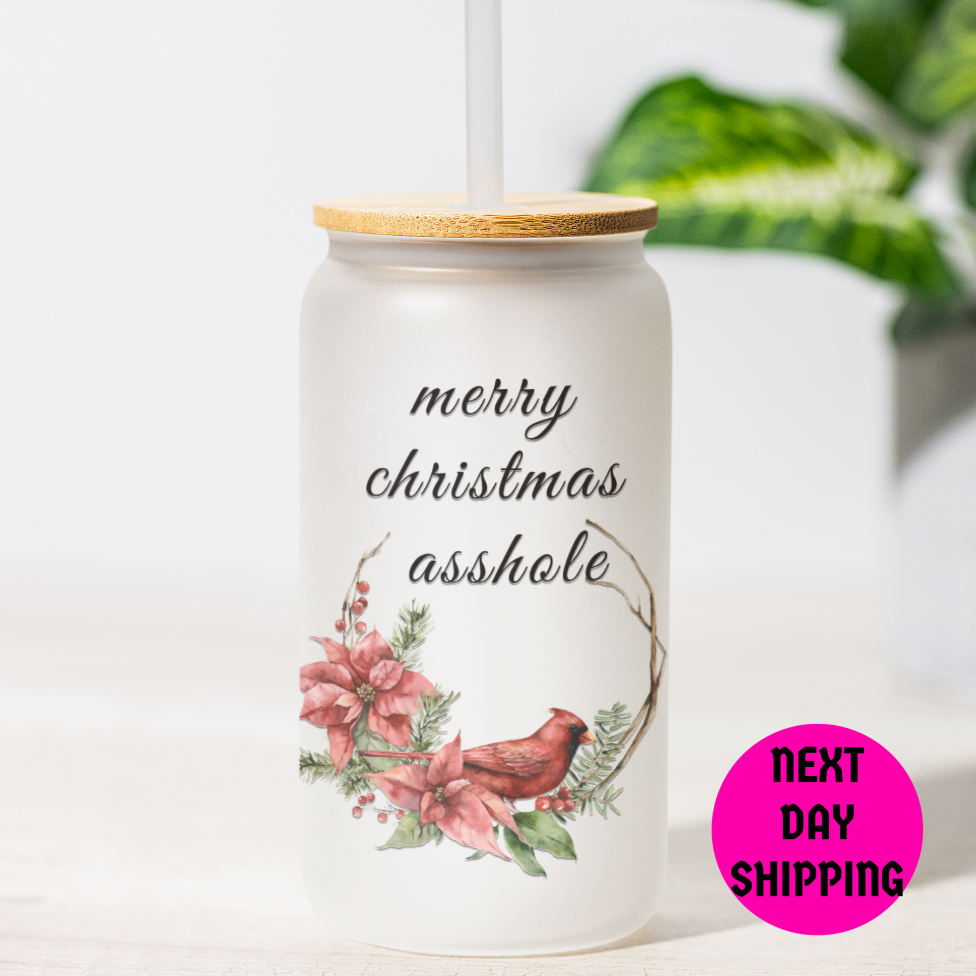 Tumbler with funny christmas design in a casual setting with next day shipping sign