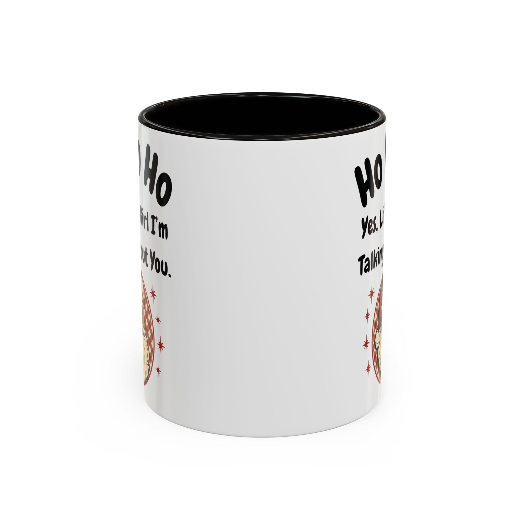 White mug with black interior and text design on a white background