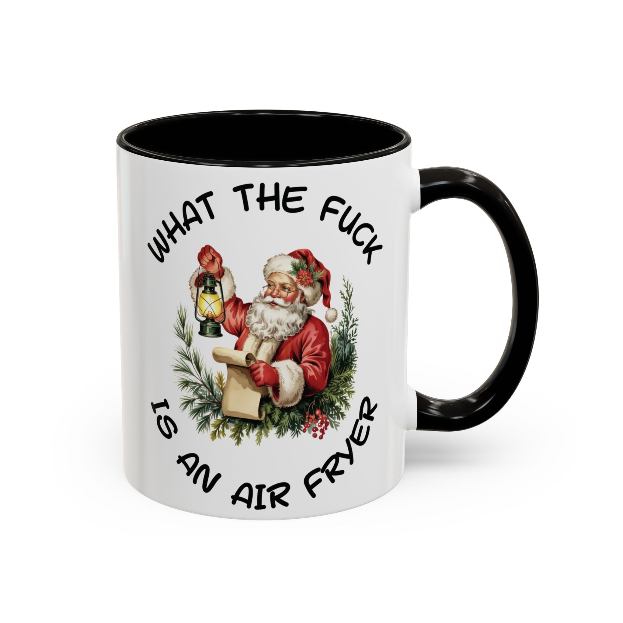 Mug with Santa Claus graphic and text on a white background