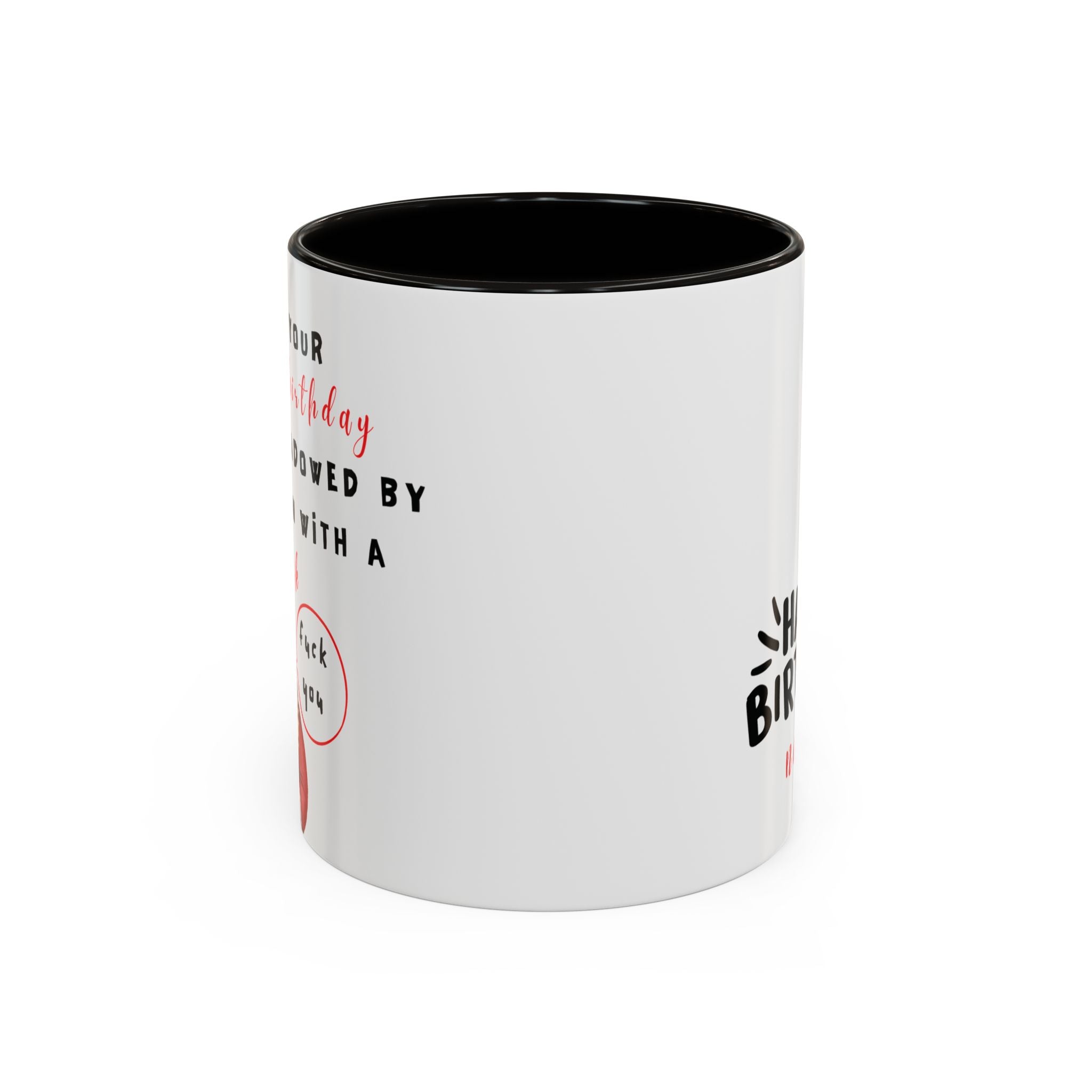White mug with black interior and text on a white background