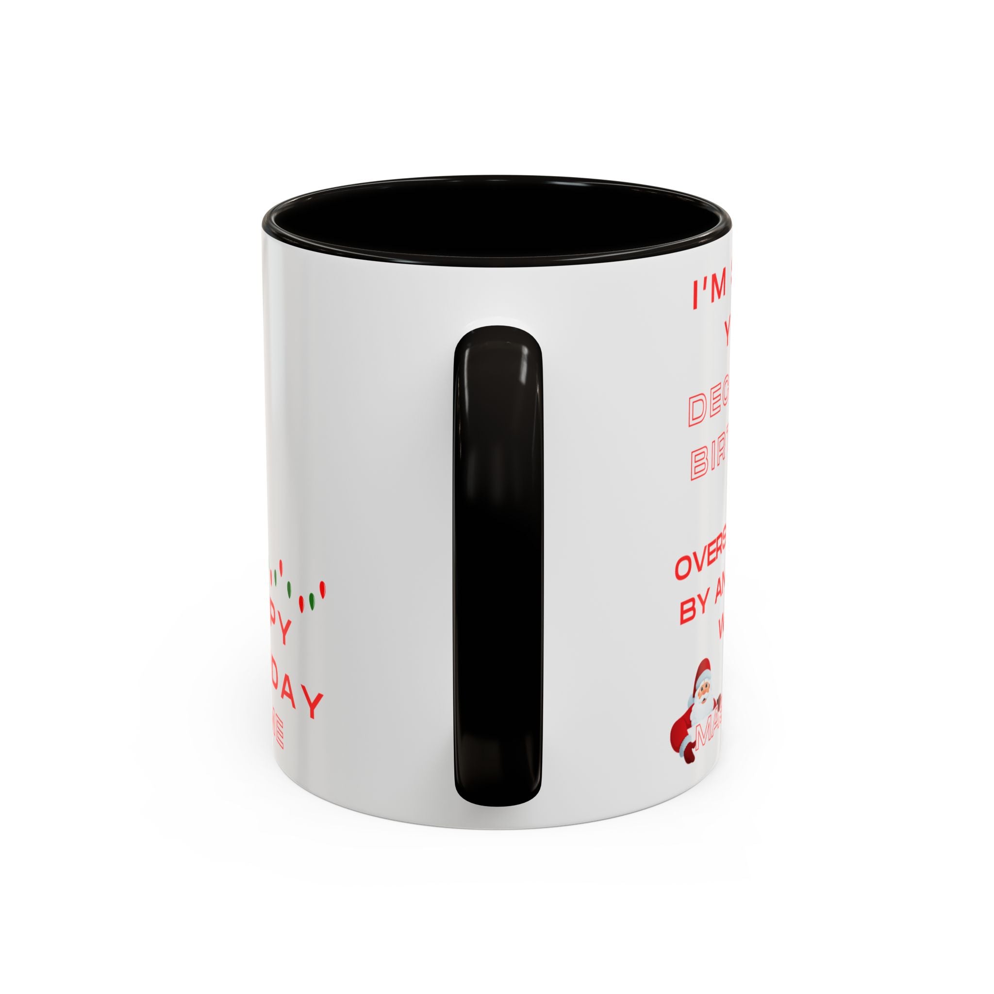 White mug with black interior and handle, featuring text and graphics on a white background