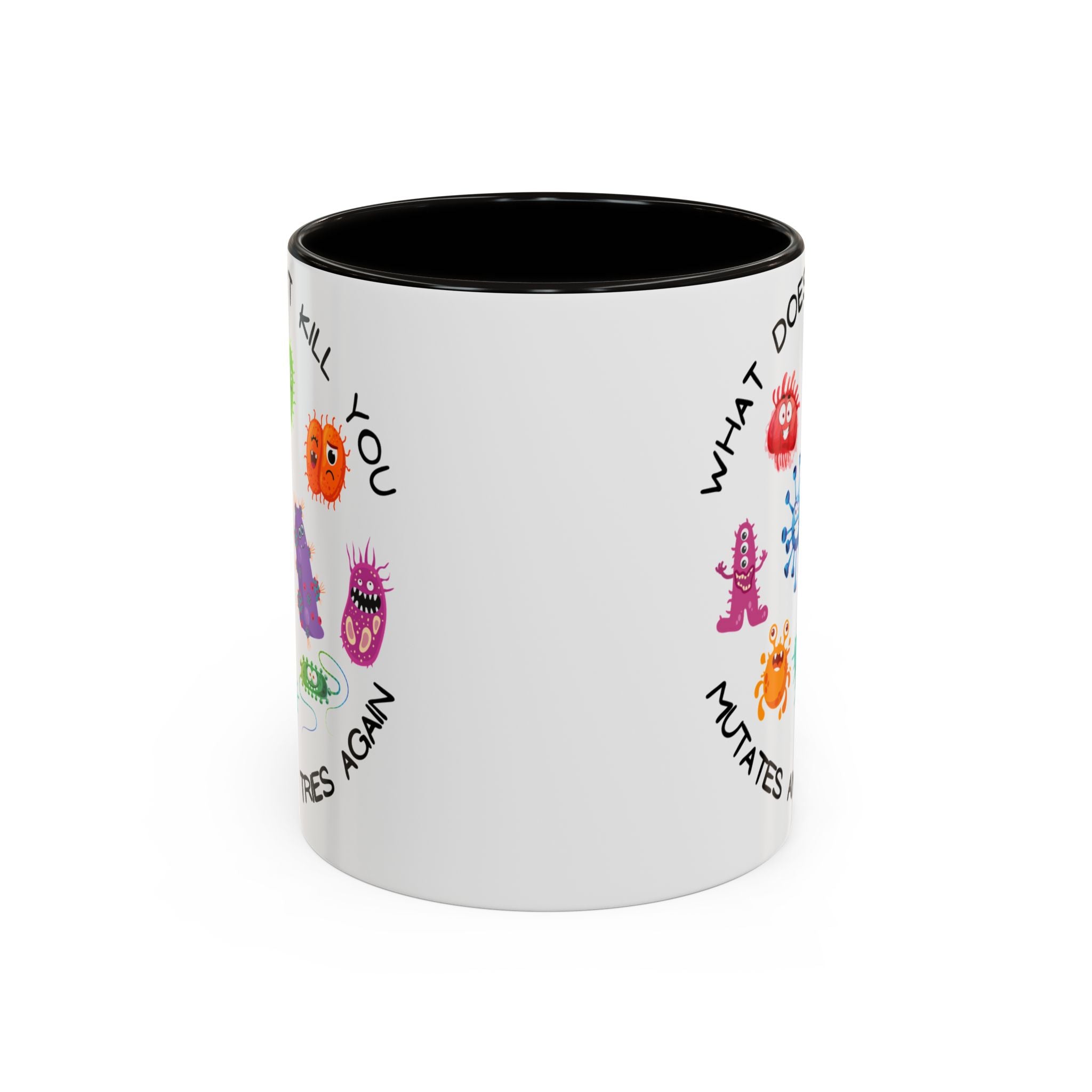 White mug with colorful designs and text on a white background