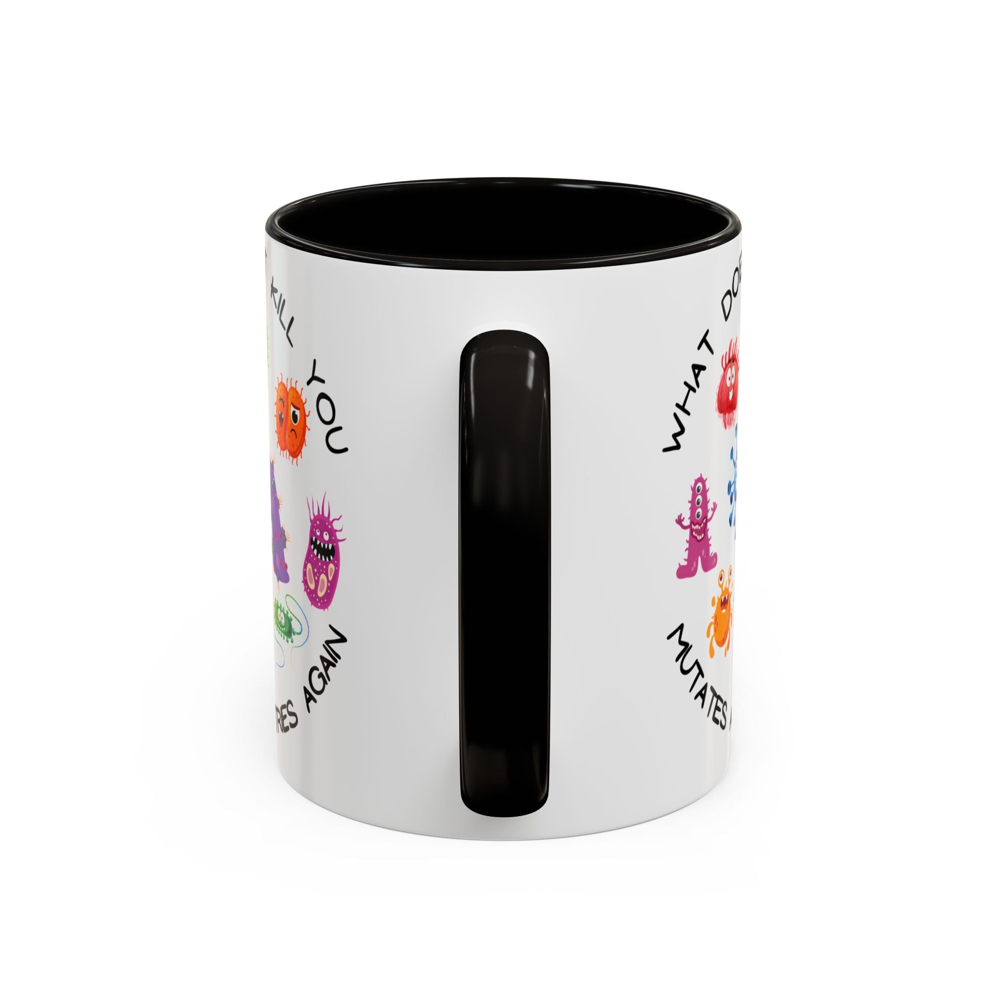 White mug with colorful designs and text on a white background
