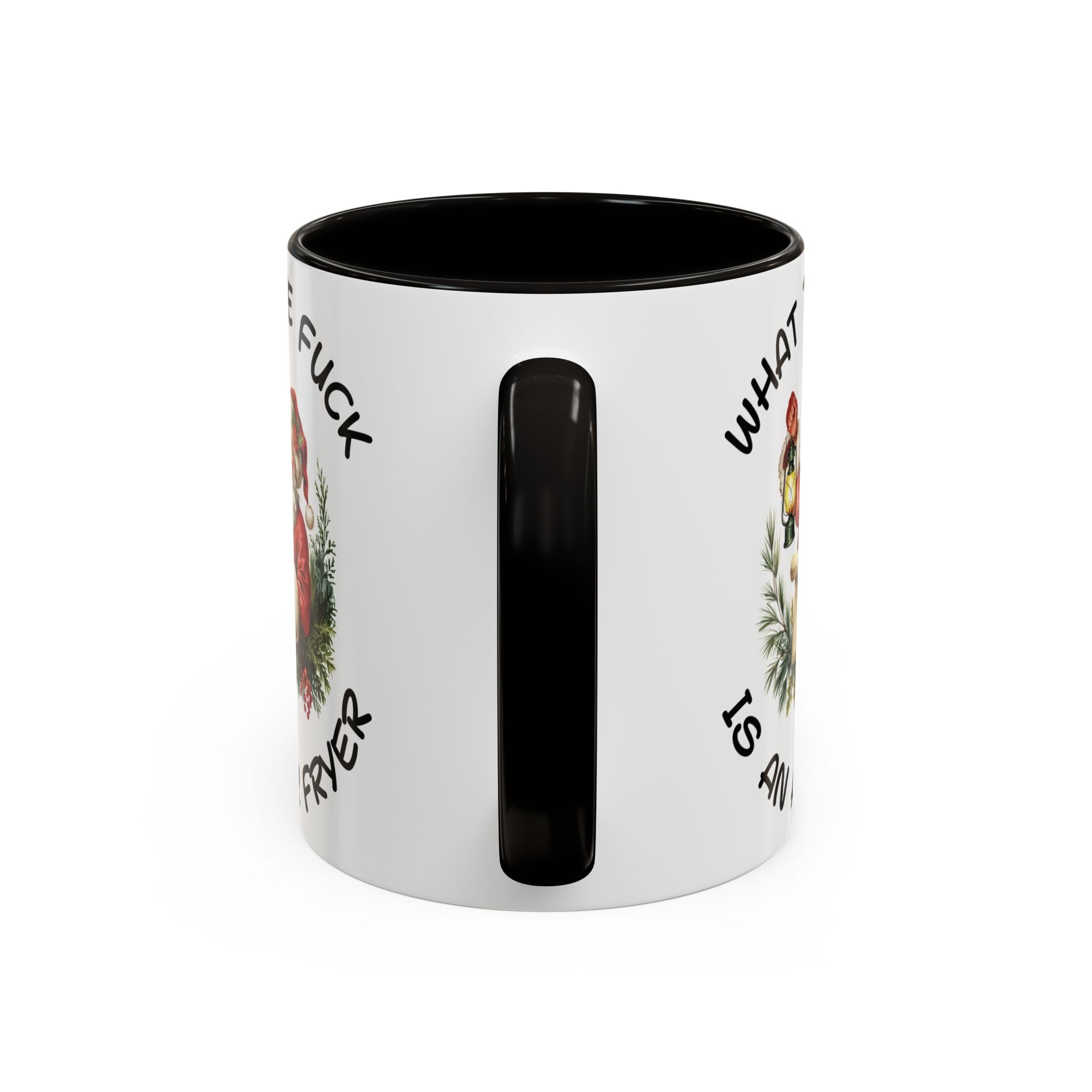 White mug with black interior and handle, featuring printed text and images on a white background