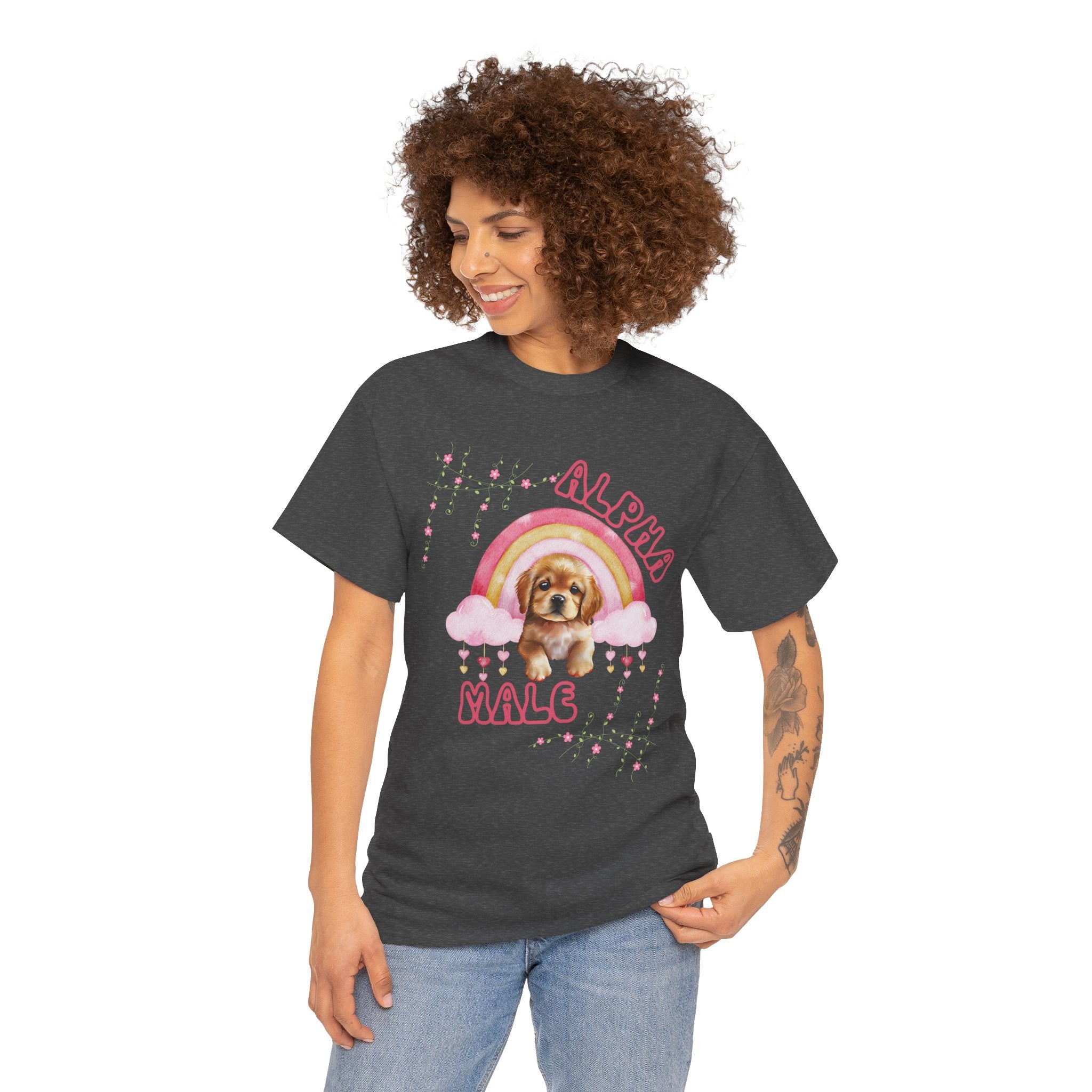 Woman wearing a dark gray t-shirt with a funny dog graphic on a white background