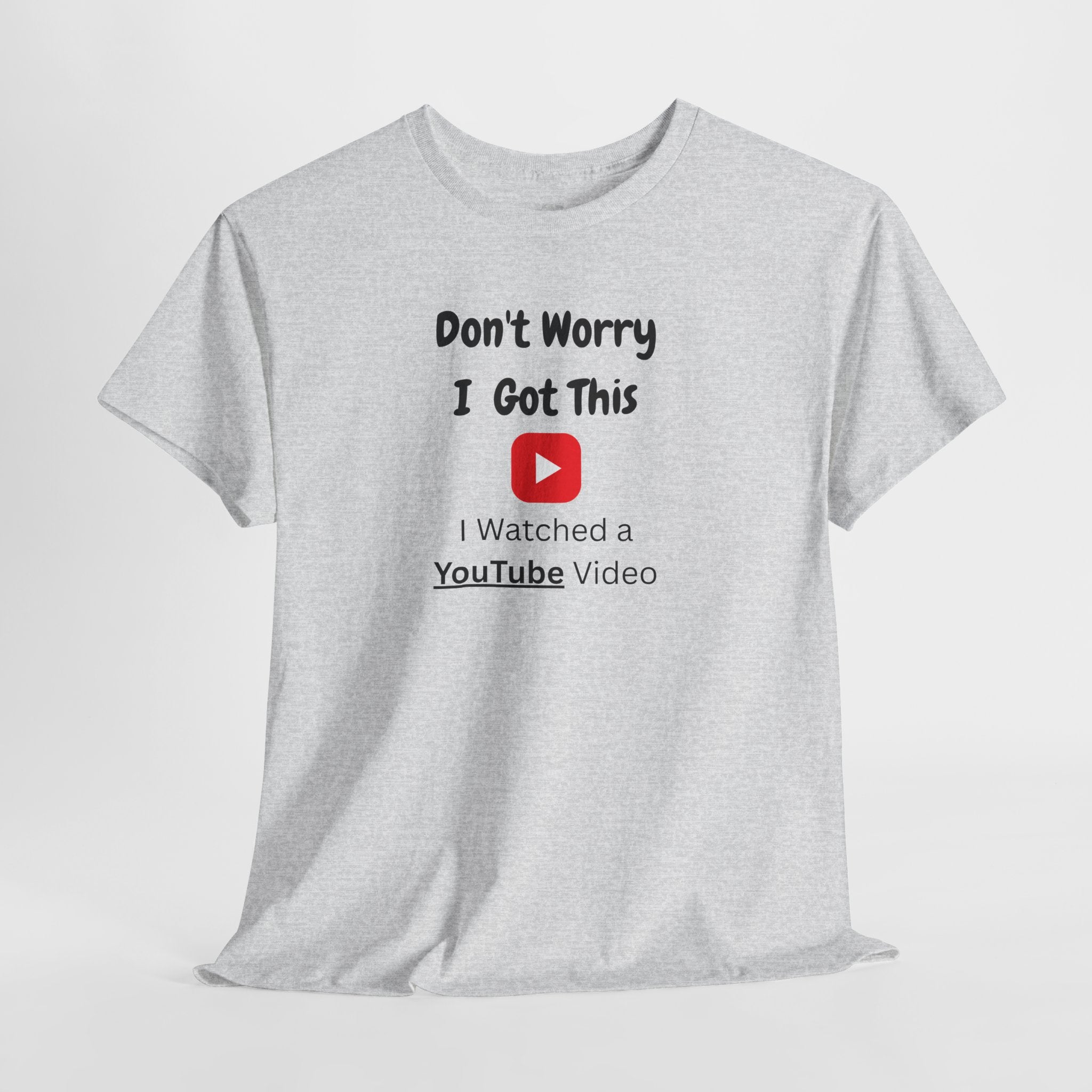 Gray t-shirt with text and YouTube logo on a white background