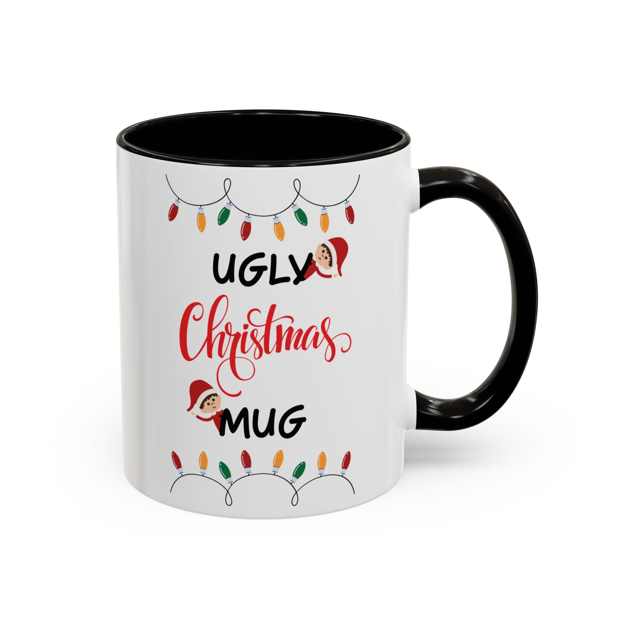 White mug with black handle featuring Christmas-themed text and decorations on a white background