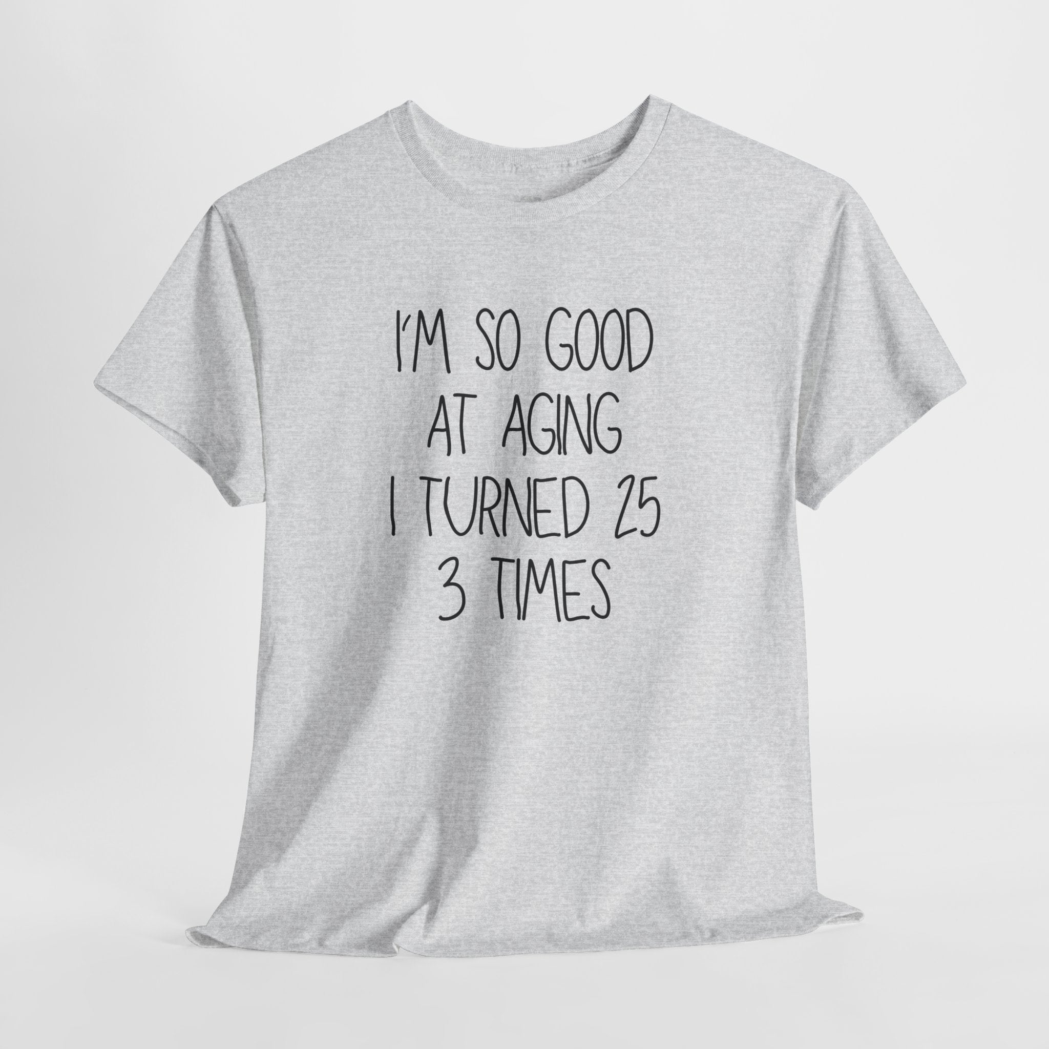 Gray t-shirt with humorous text design on a white background