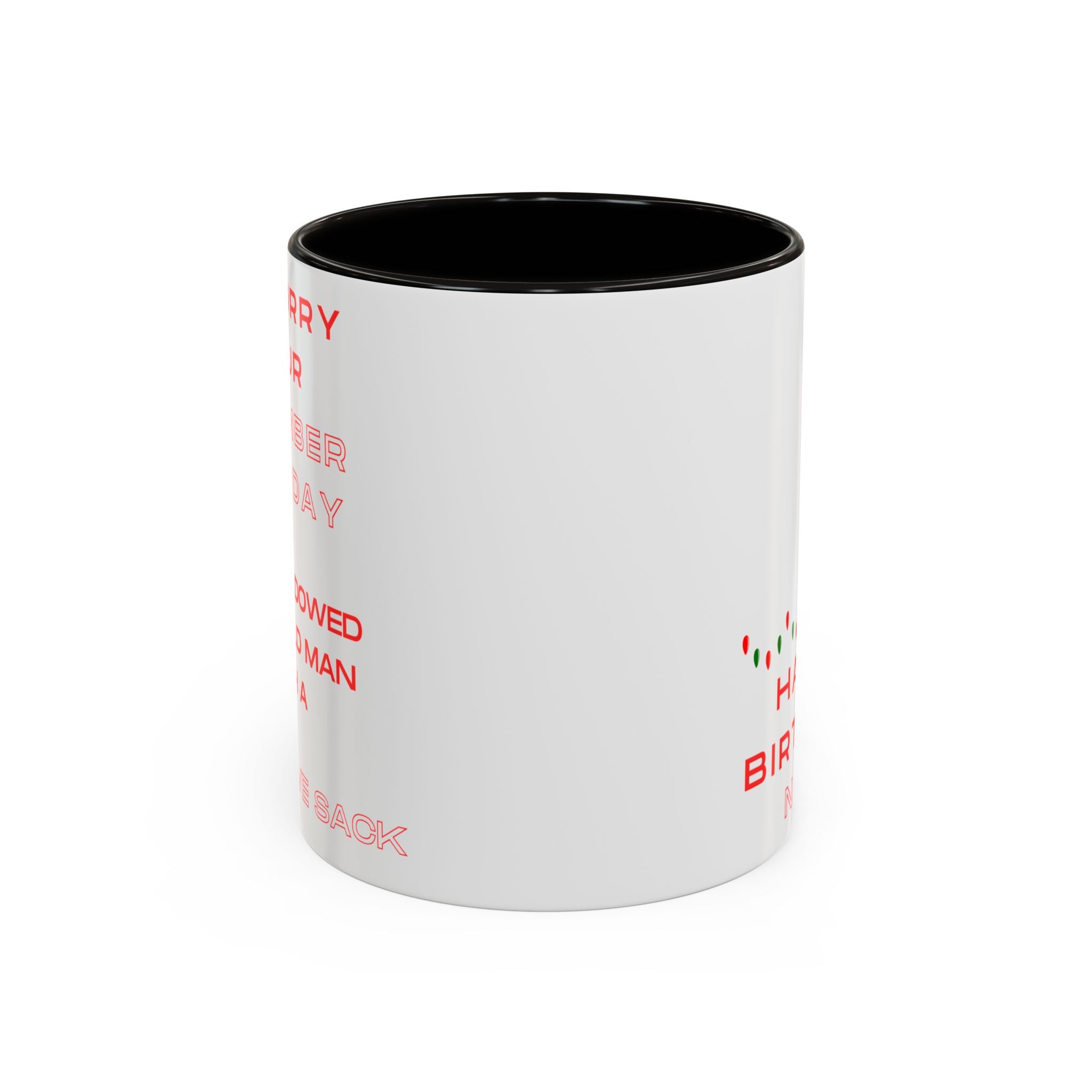 White mug with black interior and red text on a white background
