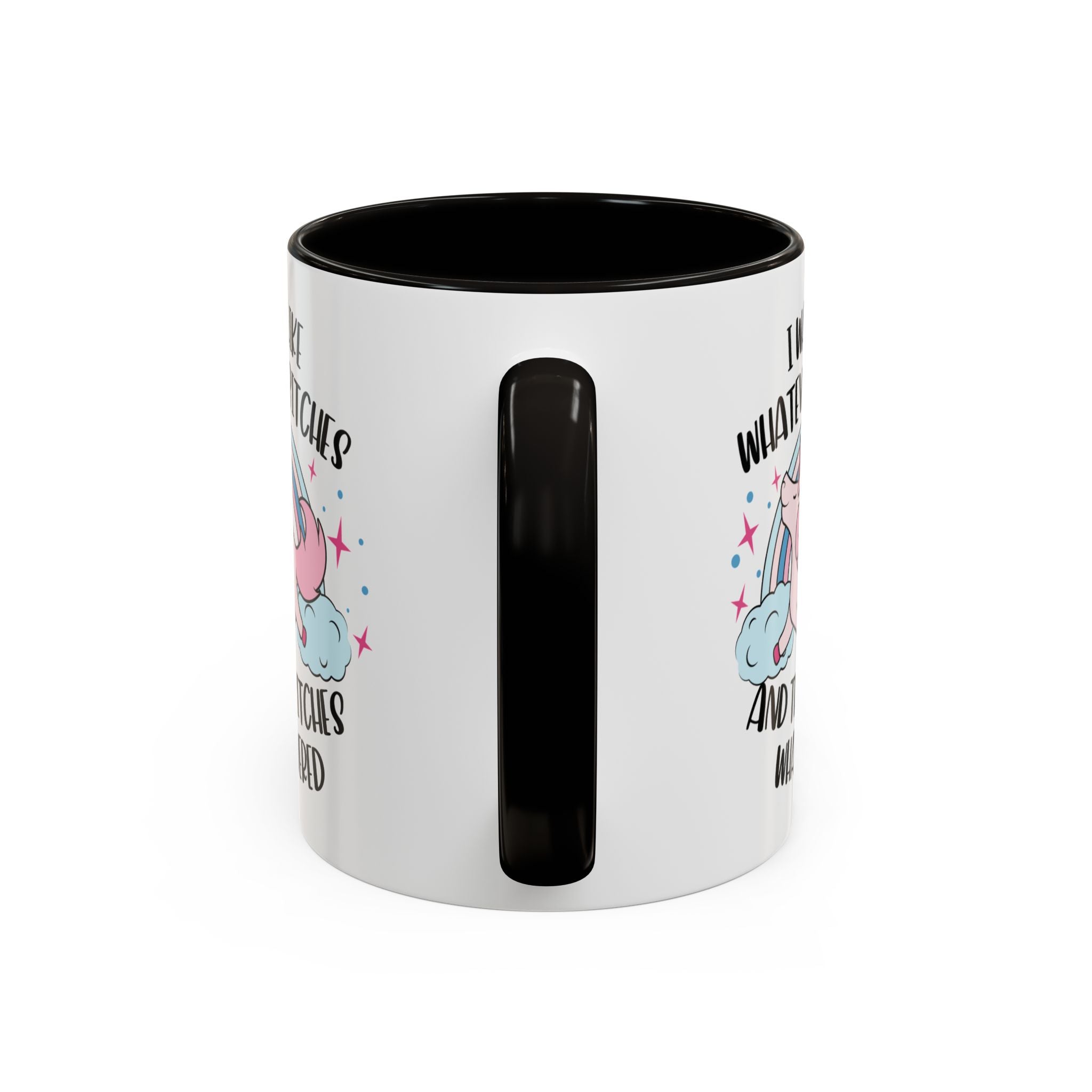 White mug with black interior and handle featuring colorful text and graphics on a white background