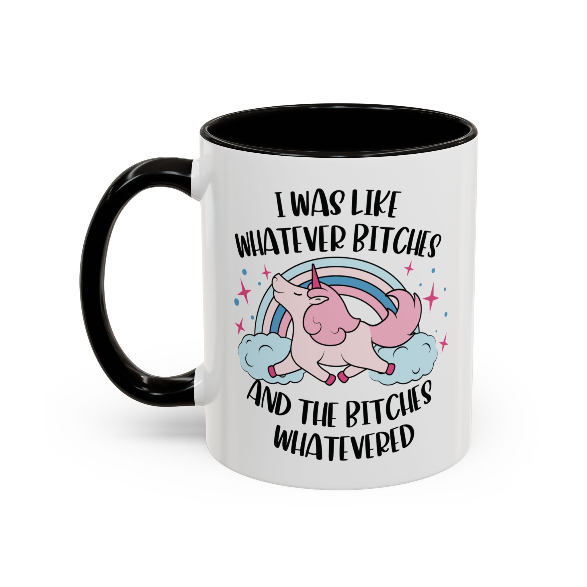 Mug with unicorn graphic and text on a white background