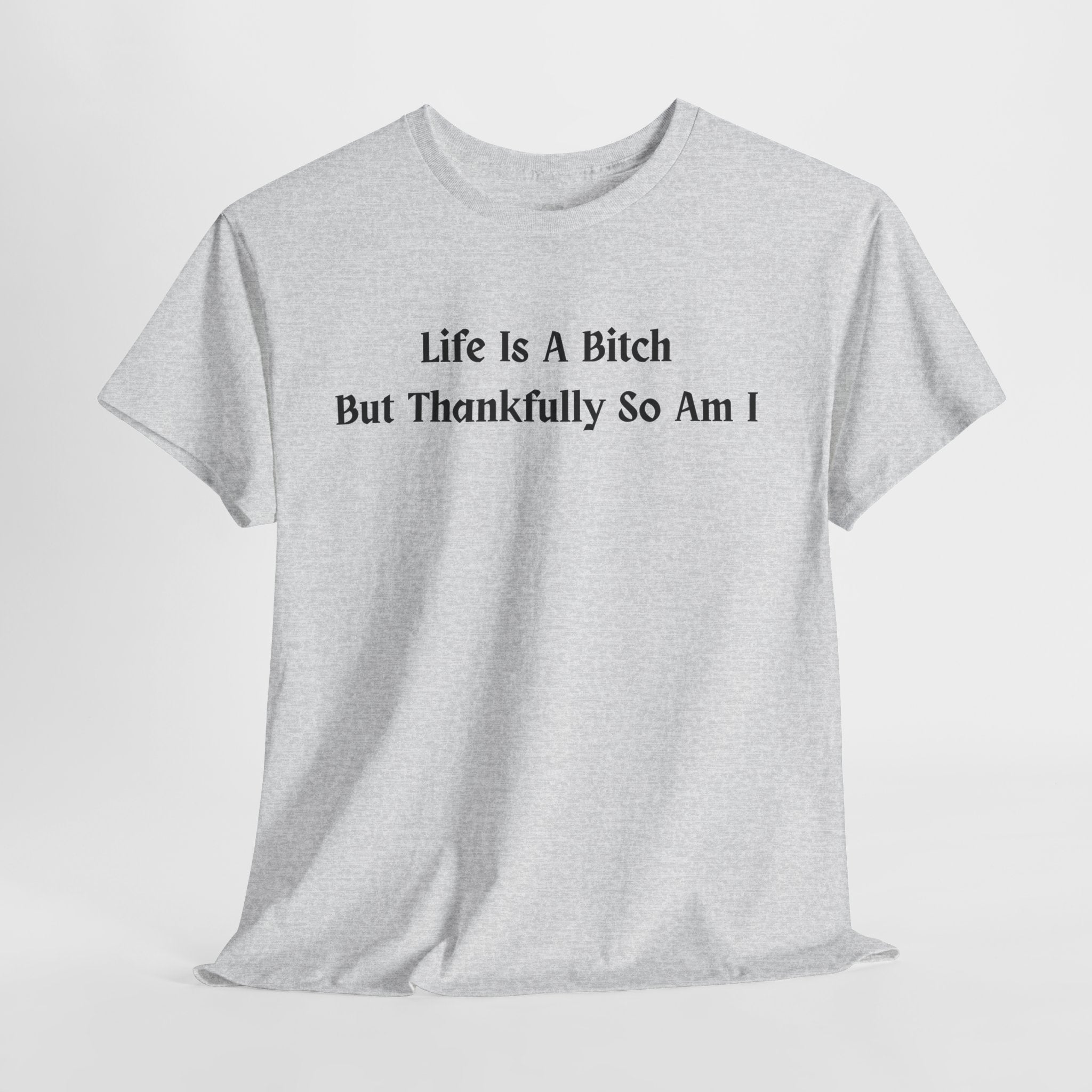 Gray t-shirt with black text on a white background